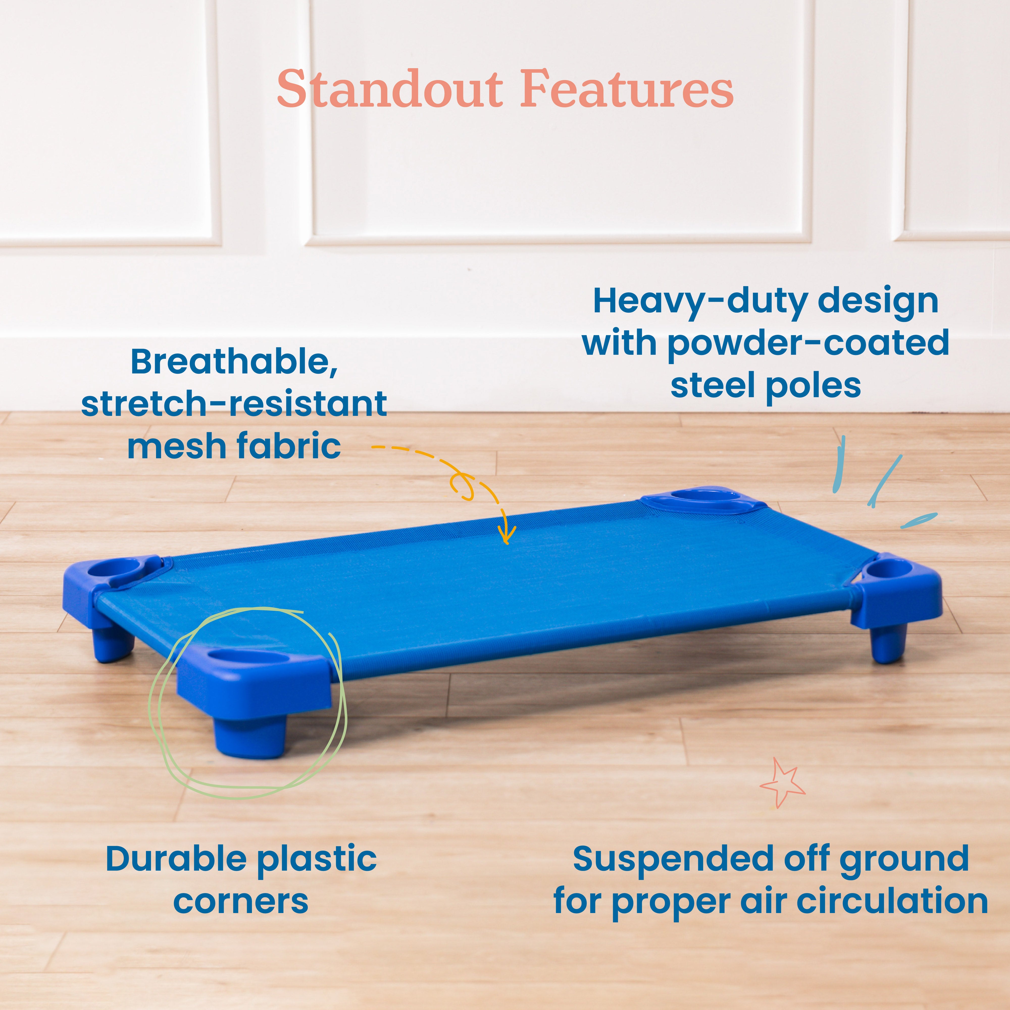 Stackable Kiddie Cot, Toddler Size, Classroom Furniture, Blue, 5-Pack