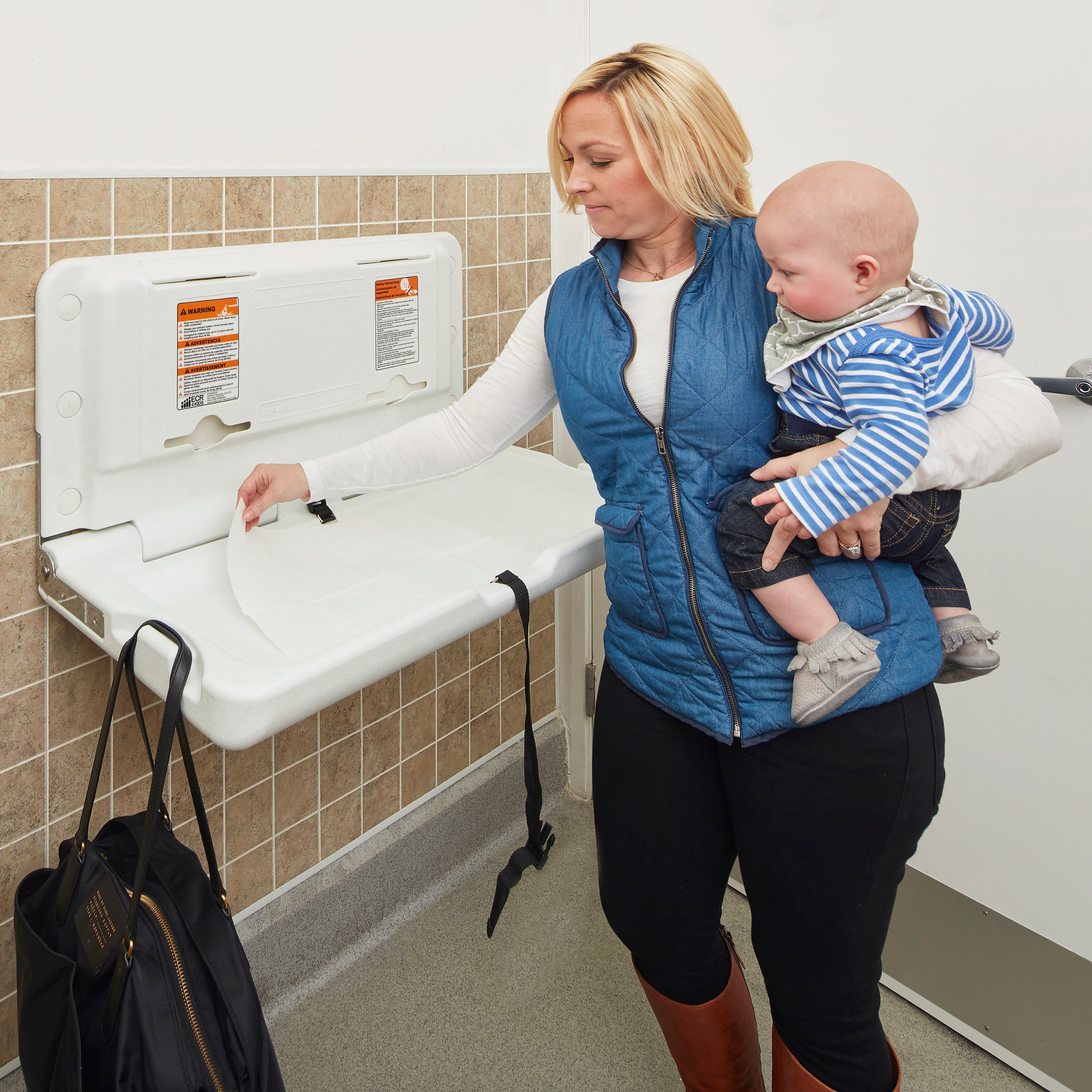 Horizontal Wall-Mounted Changing Station, Fold-Down Table, Safety Strap, Liner Dispensers, Bag Hooks