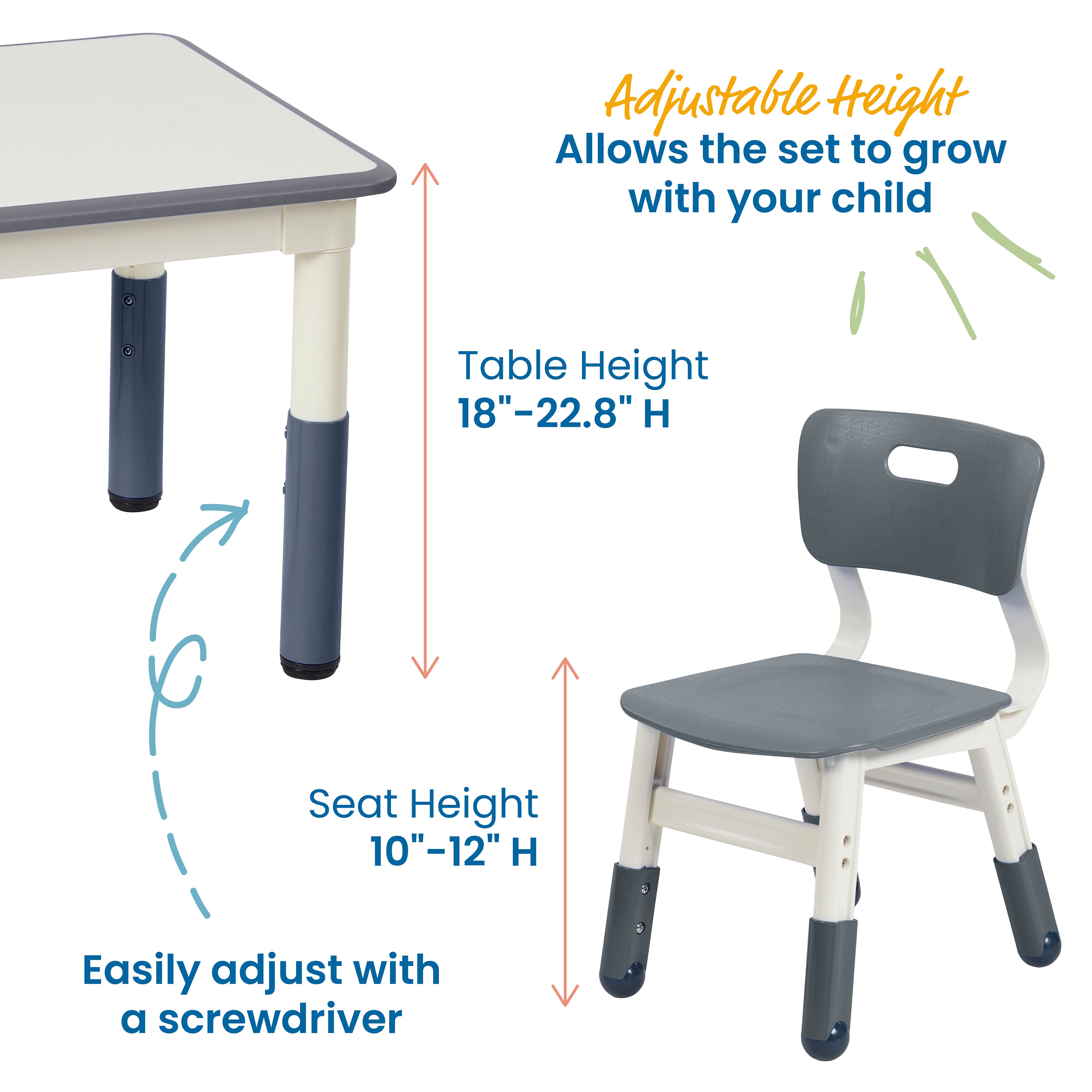 Rectangle Dry Erase Activity Table and 2 Adjustable Height Plastic Cha