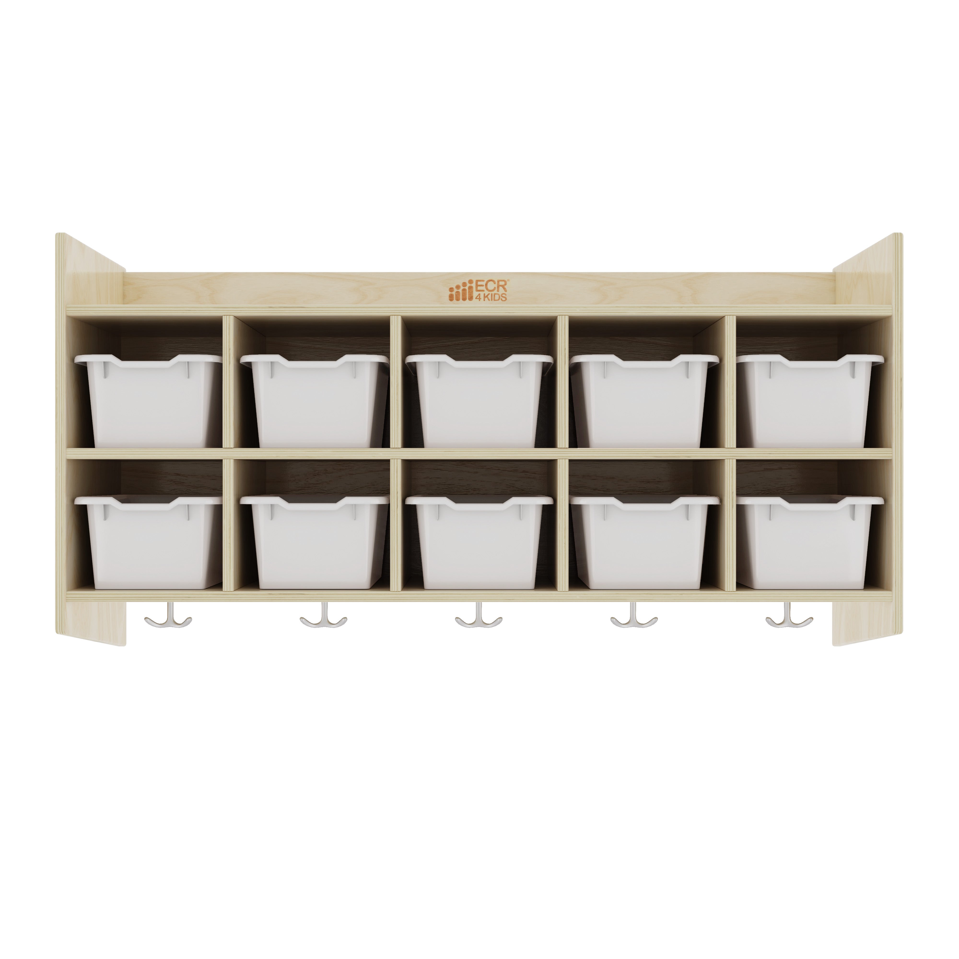 10-Section Hanging Coat Locker with Shelf and 10 Scoop Front Storage Bins, Natural, Classroom Furniture