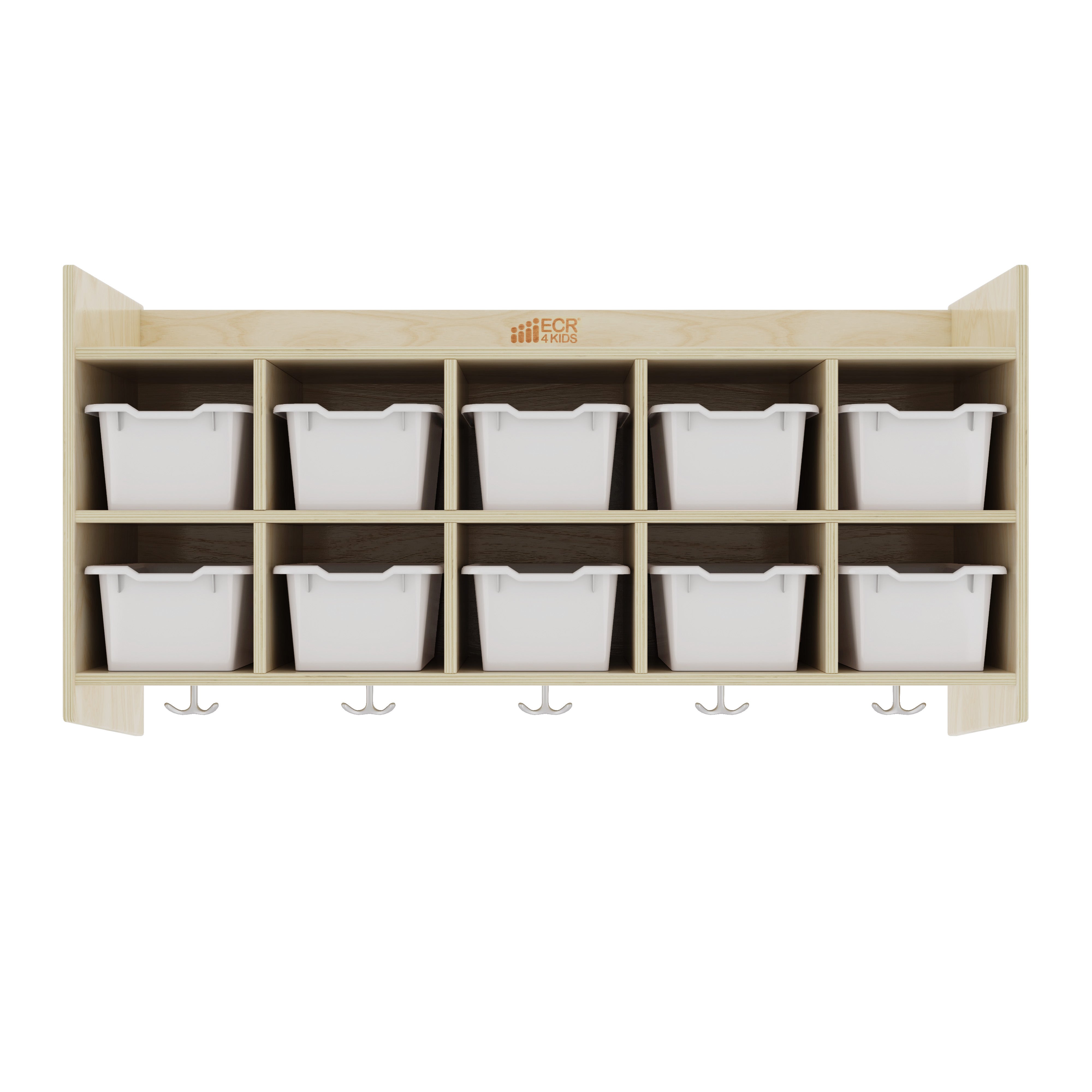 10-Section Hanging Coat Locker with Shelf and 10 Scoop Front Storage Bins, Natural