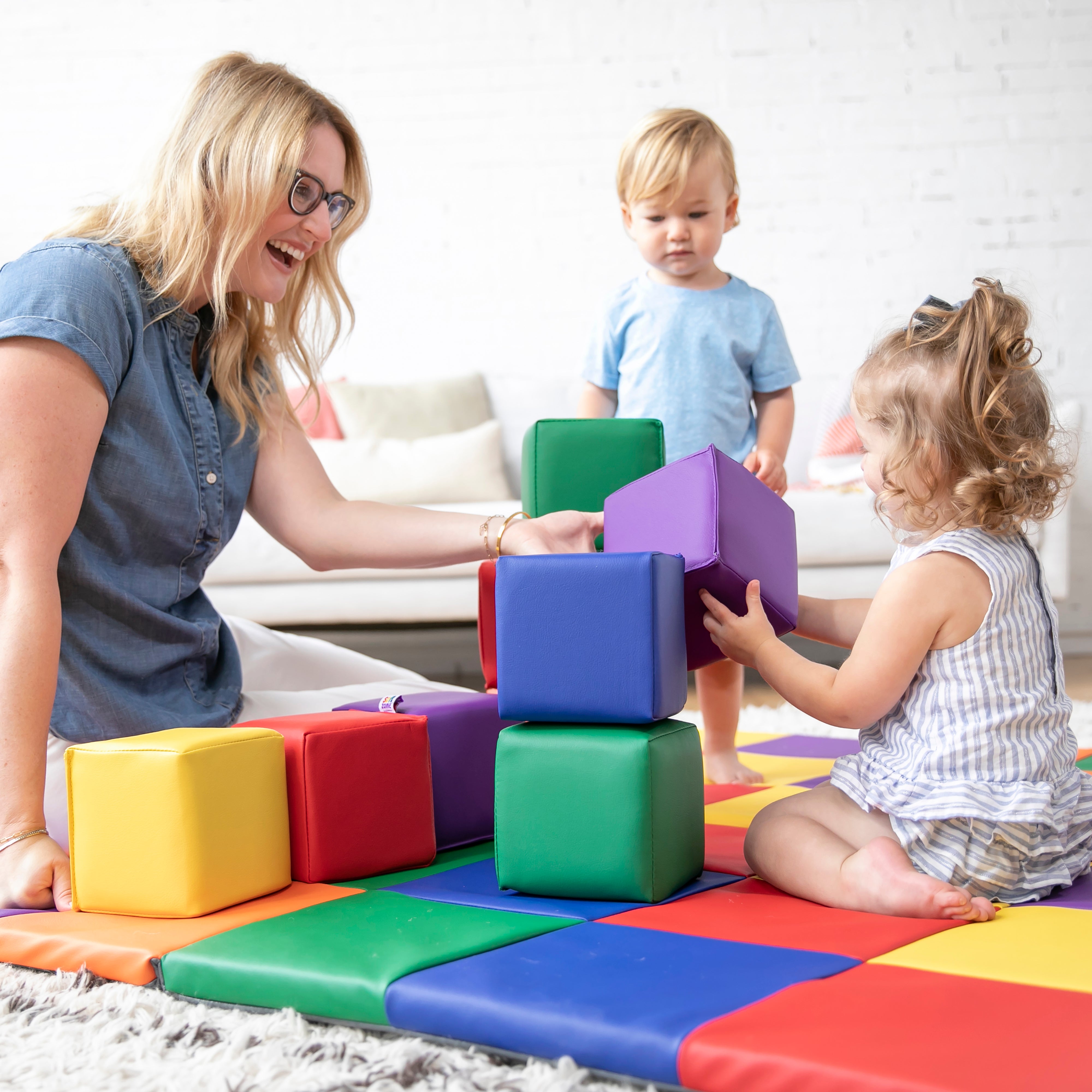 Patchwork Toddler Activity Mat and 12 Stacking Block Set, Tummy Time Foam Pad and Building Blocks