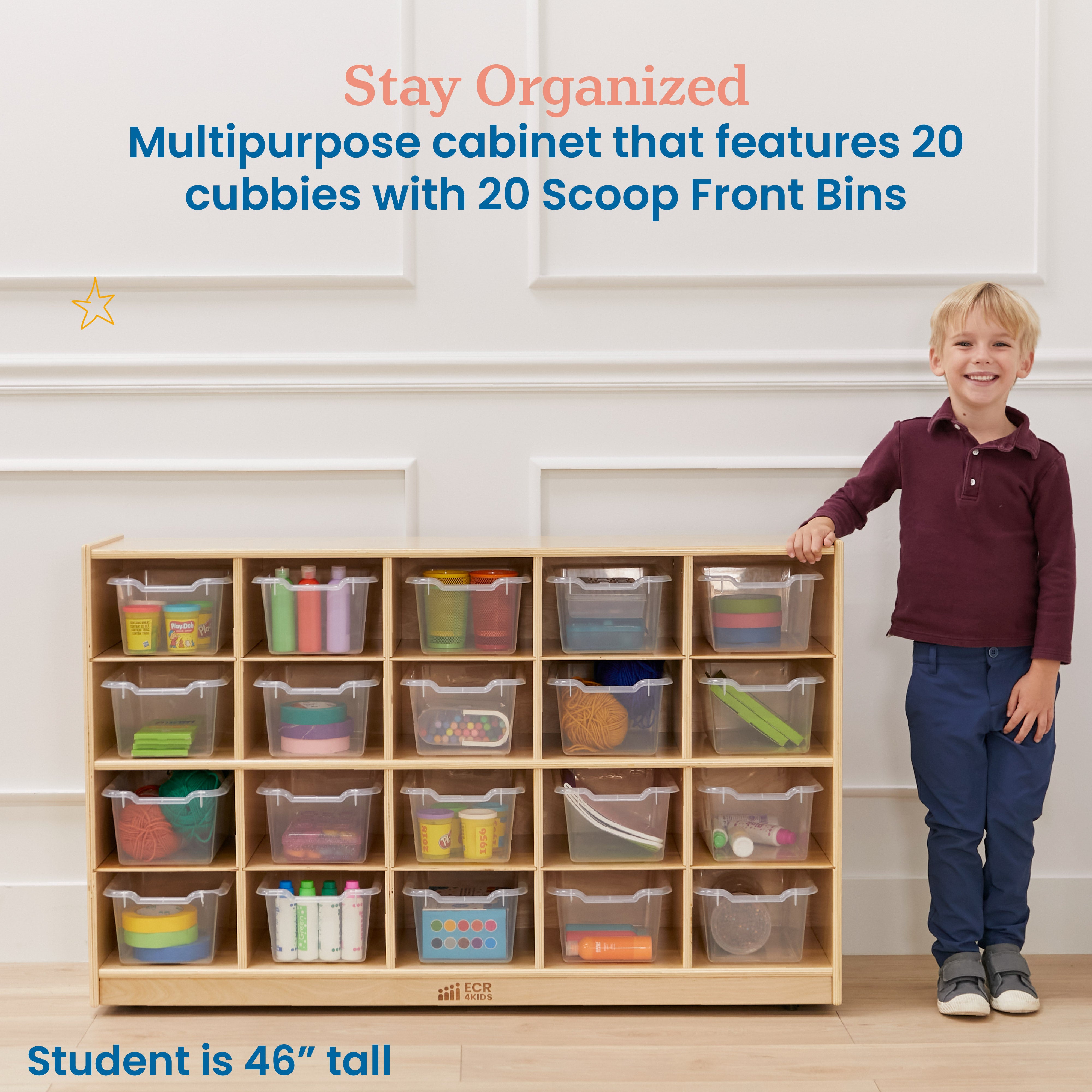 20 Cubby Mobile Tray Cabinet with 20 Scoop Front Storage Bins