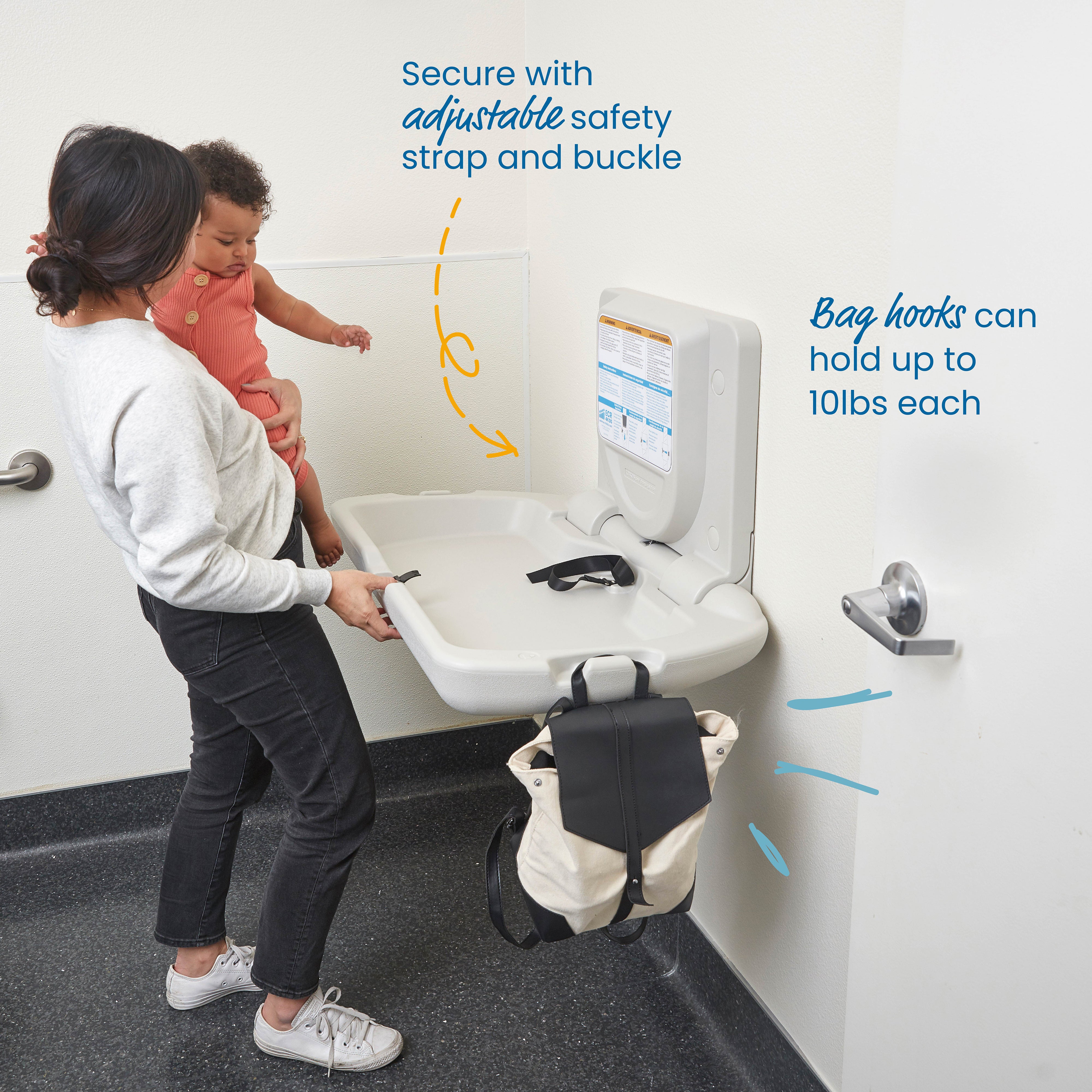 Horizontal Wall-Mounted Changing Station with Slim Back, Safety Straps and Bag Hooks