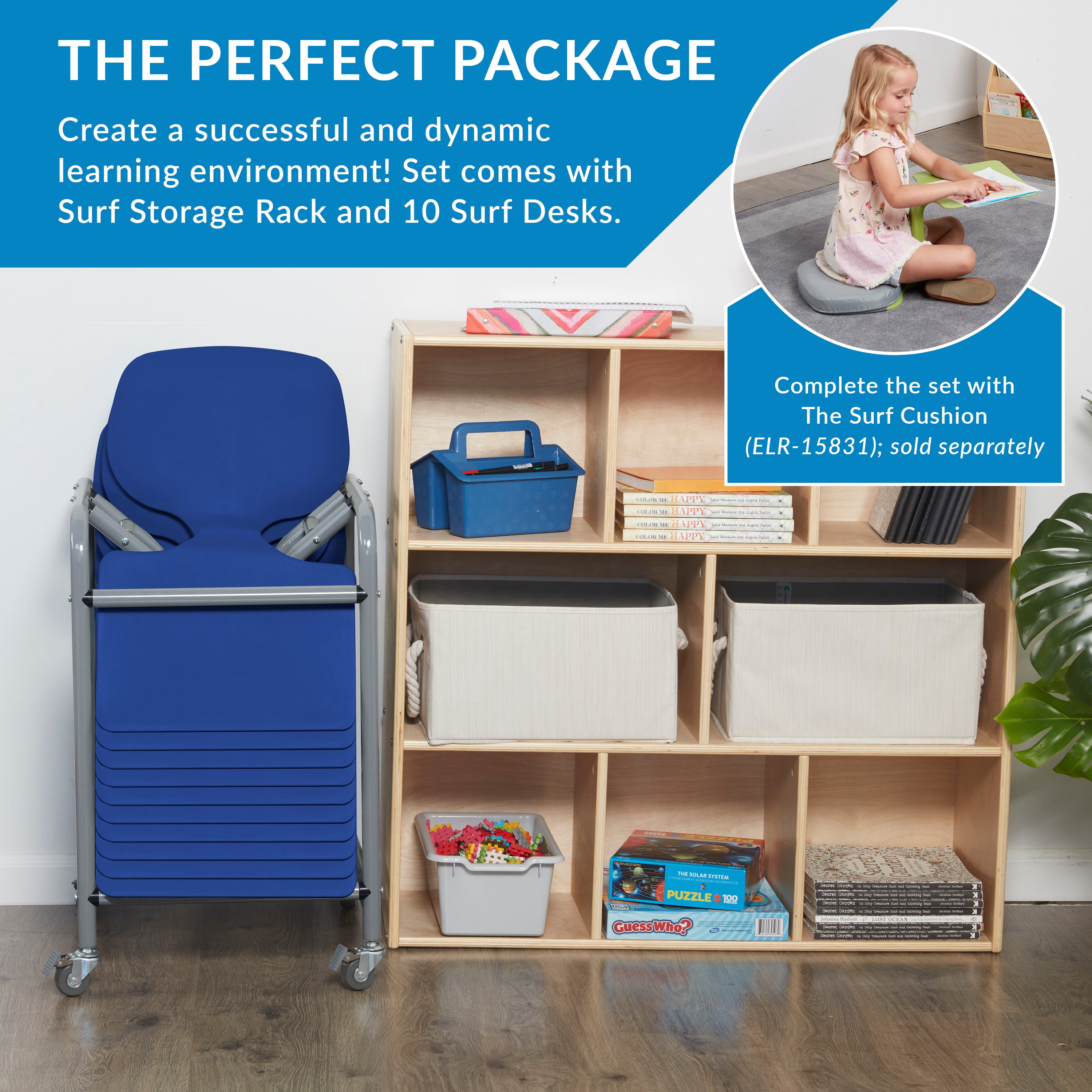 The Surf Mobile Storage Rack with 10 Surf Portable Desks Package, Classroom Flexible Seating