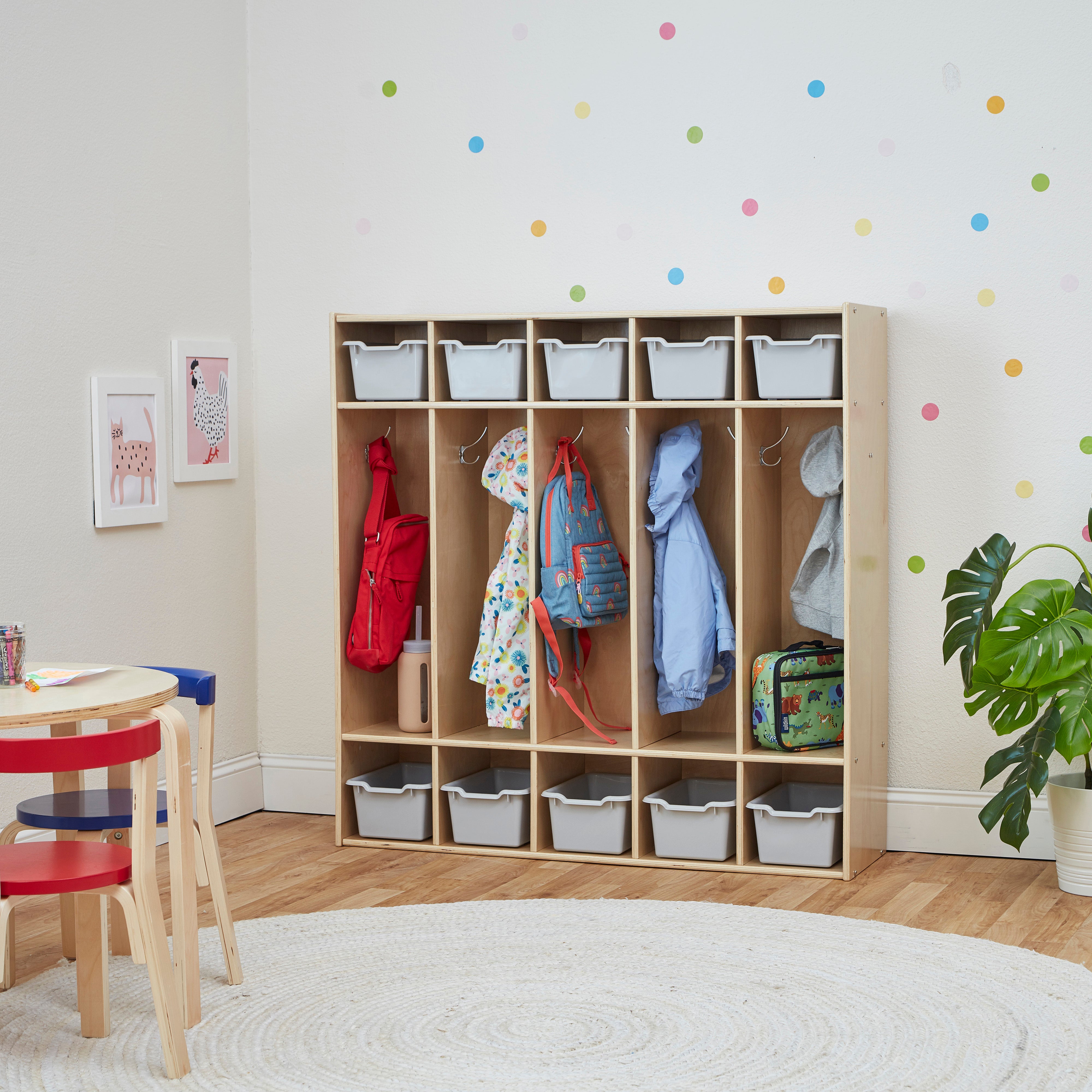 Streamline 5-Section Coat Locker with Scoop Front Storage Bins, Natural, Classroom Furniture