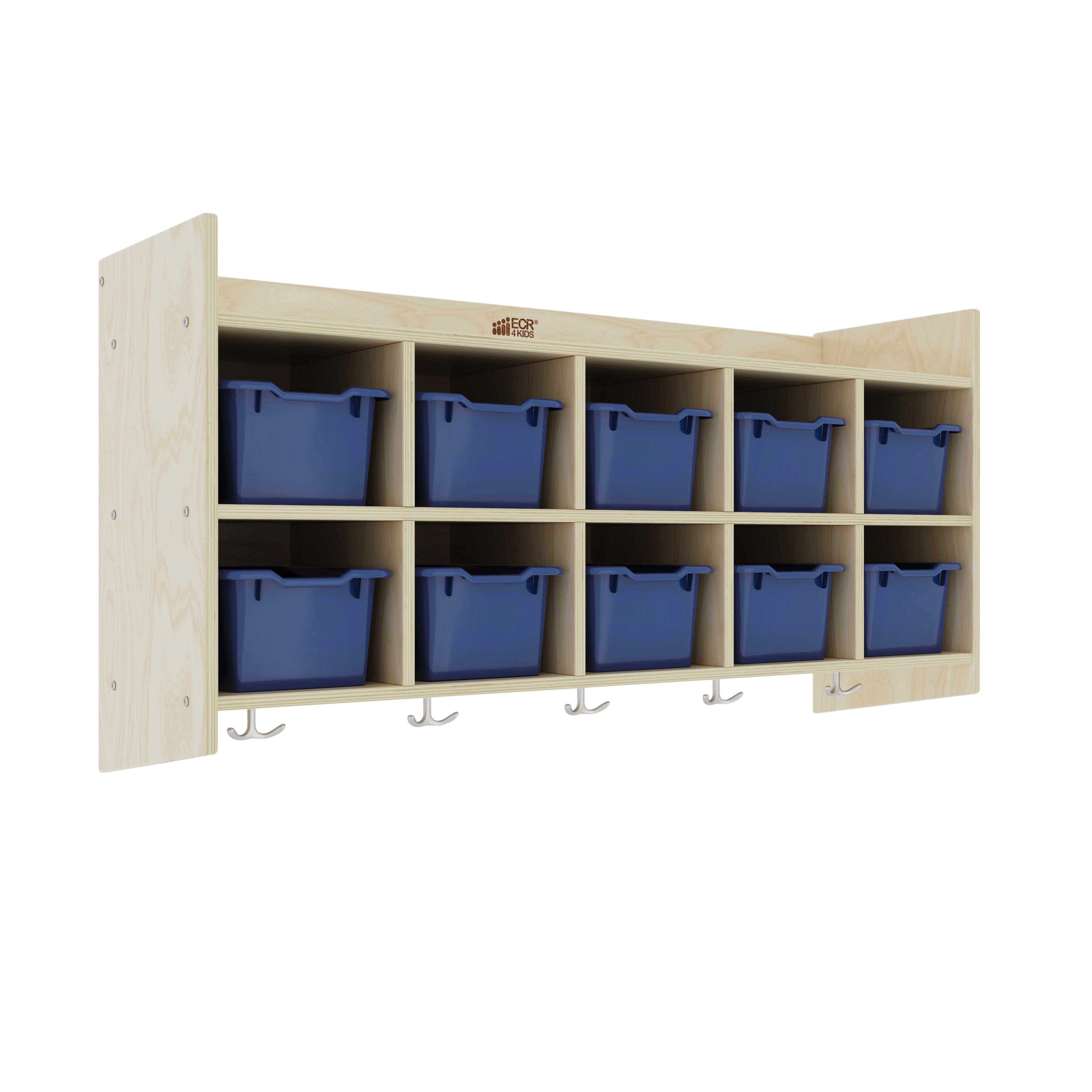 10-Section Hanging Coat Locker with Shelf and 10 Scoop Front Storage Bins, Natural, Classroom Furniture