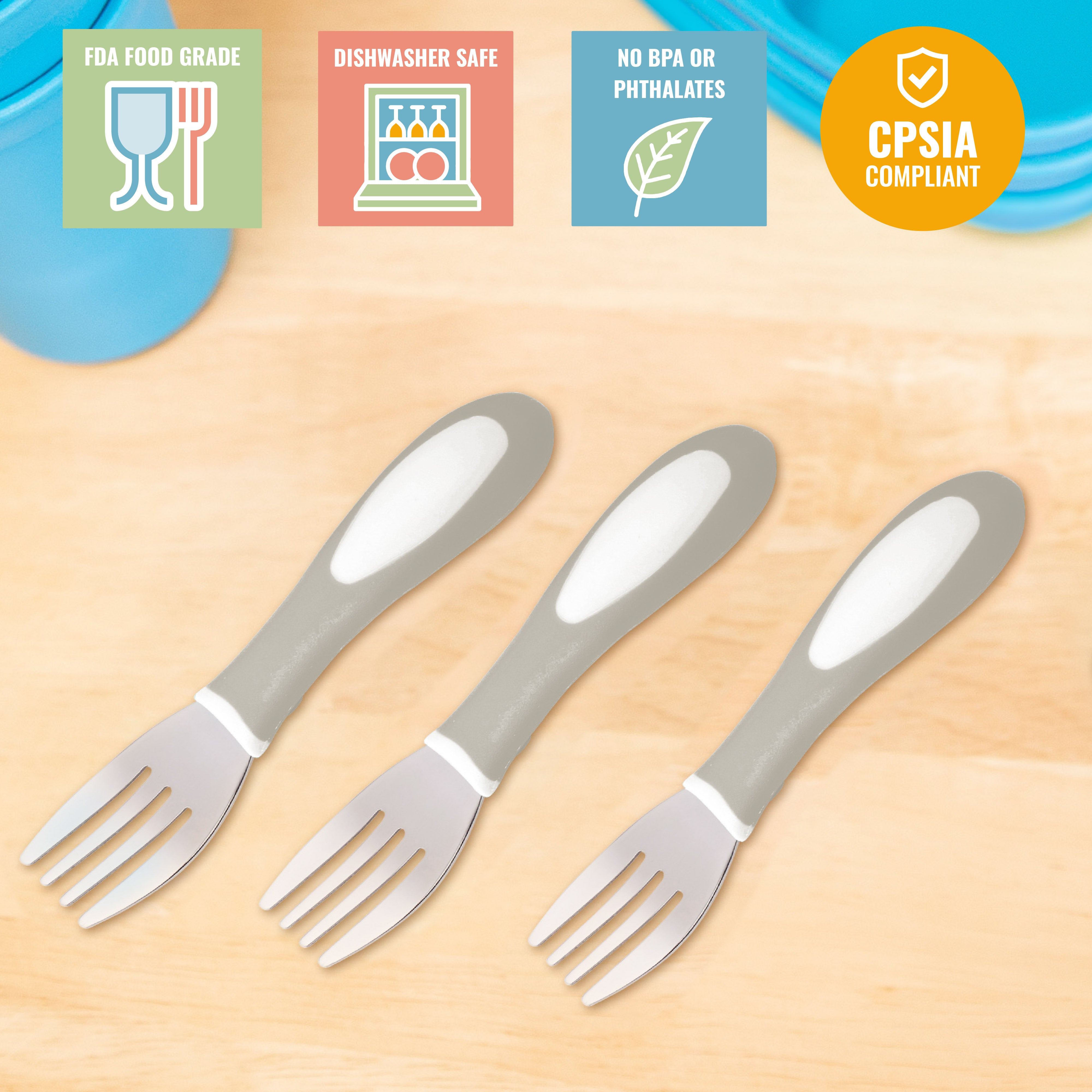 My First Meal Pal Stainless Steel Forks, Toddler Silverware, 3-Pack