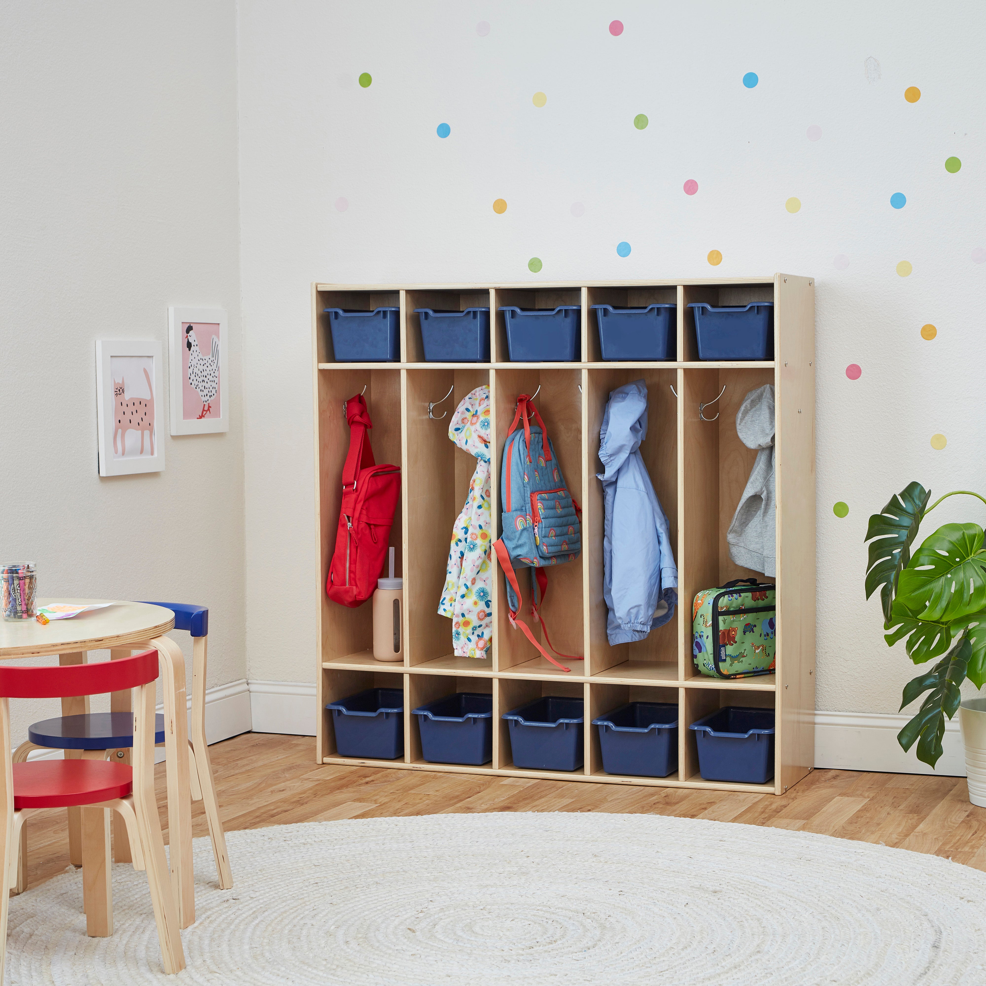 Streamline 5-Section Coat Locker with Scoop Front Storage Bins, Natural, Classroom Furniture