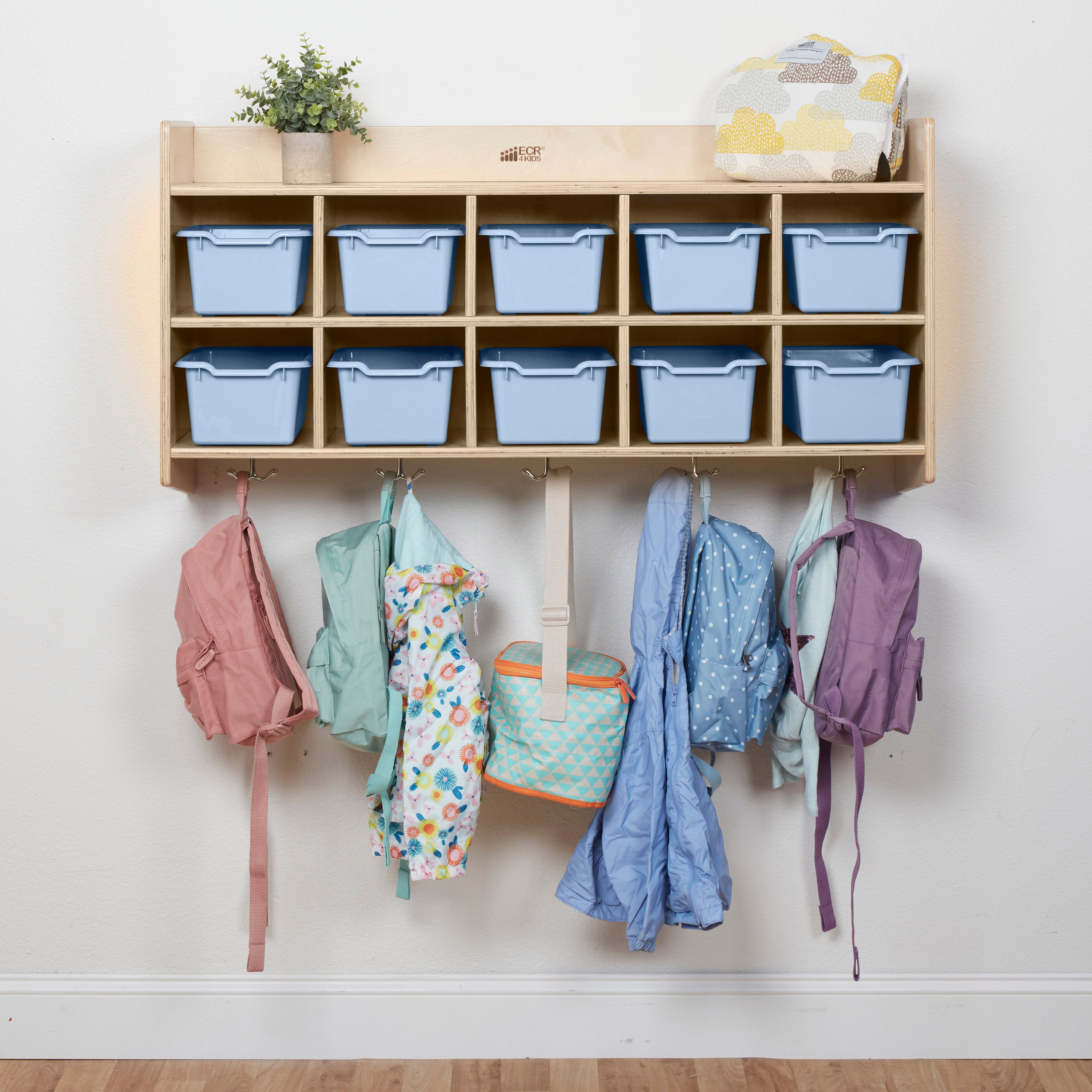 10-Section Hanging Coat Locker with Shelf and 10 Scoop Front Storage Bins, Natural, Classroom Furniture