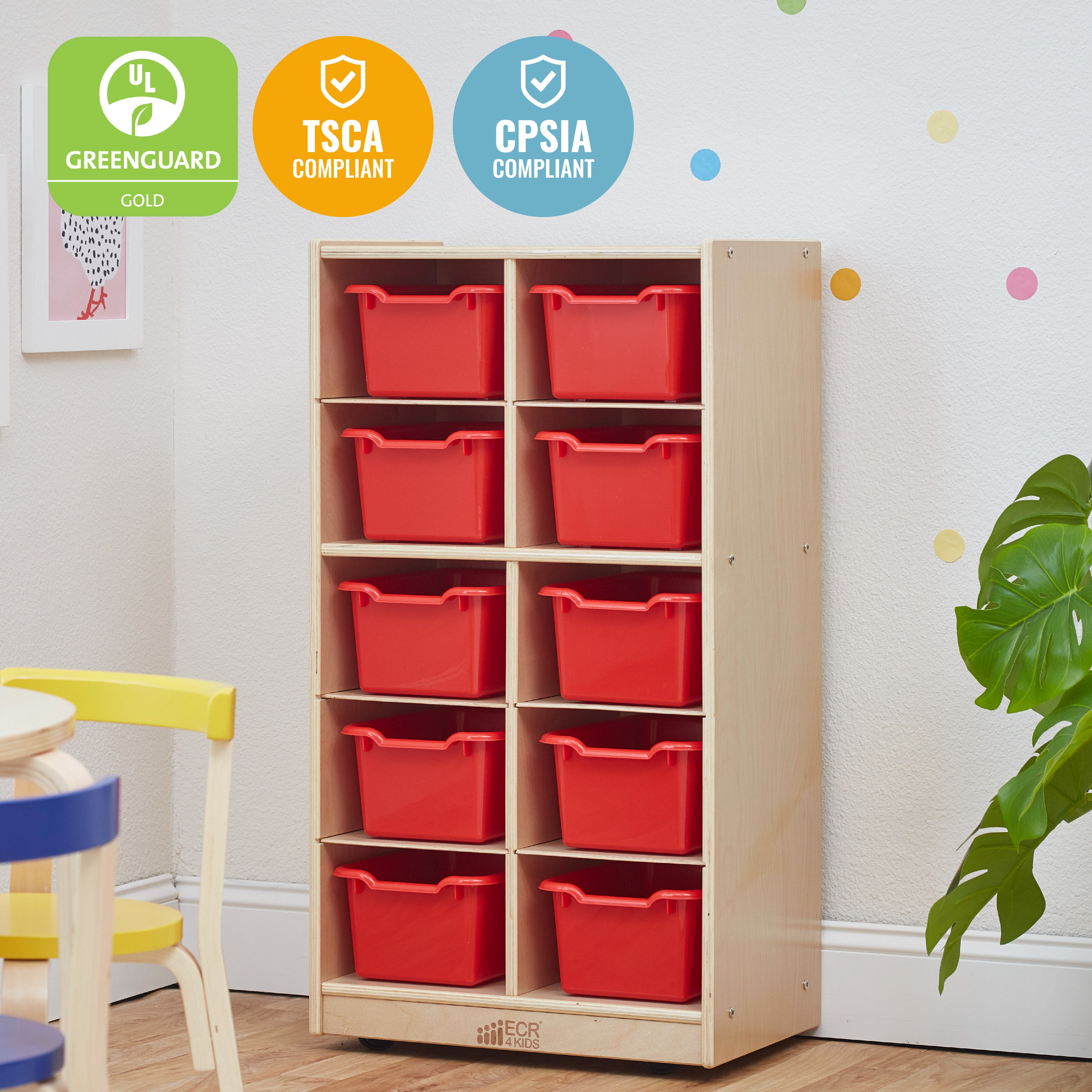 10 Cubby Mobile Tray Cabinet with 10 Scoop Front Storage Bins