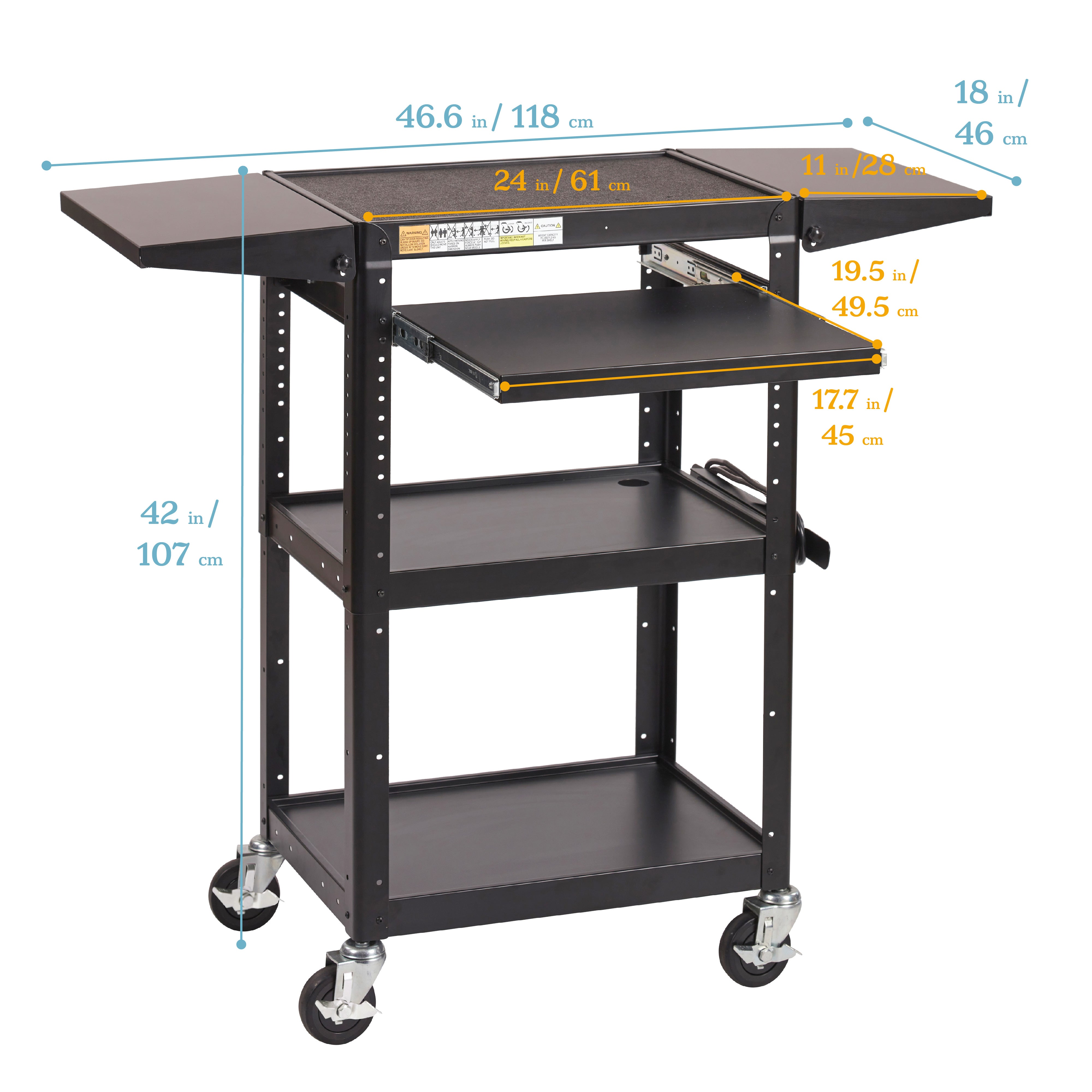 AV Presentation Cart Stand with Drop Leaves, Rolling Storage, Black