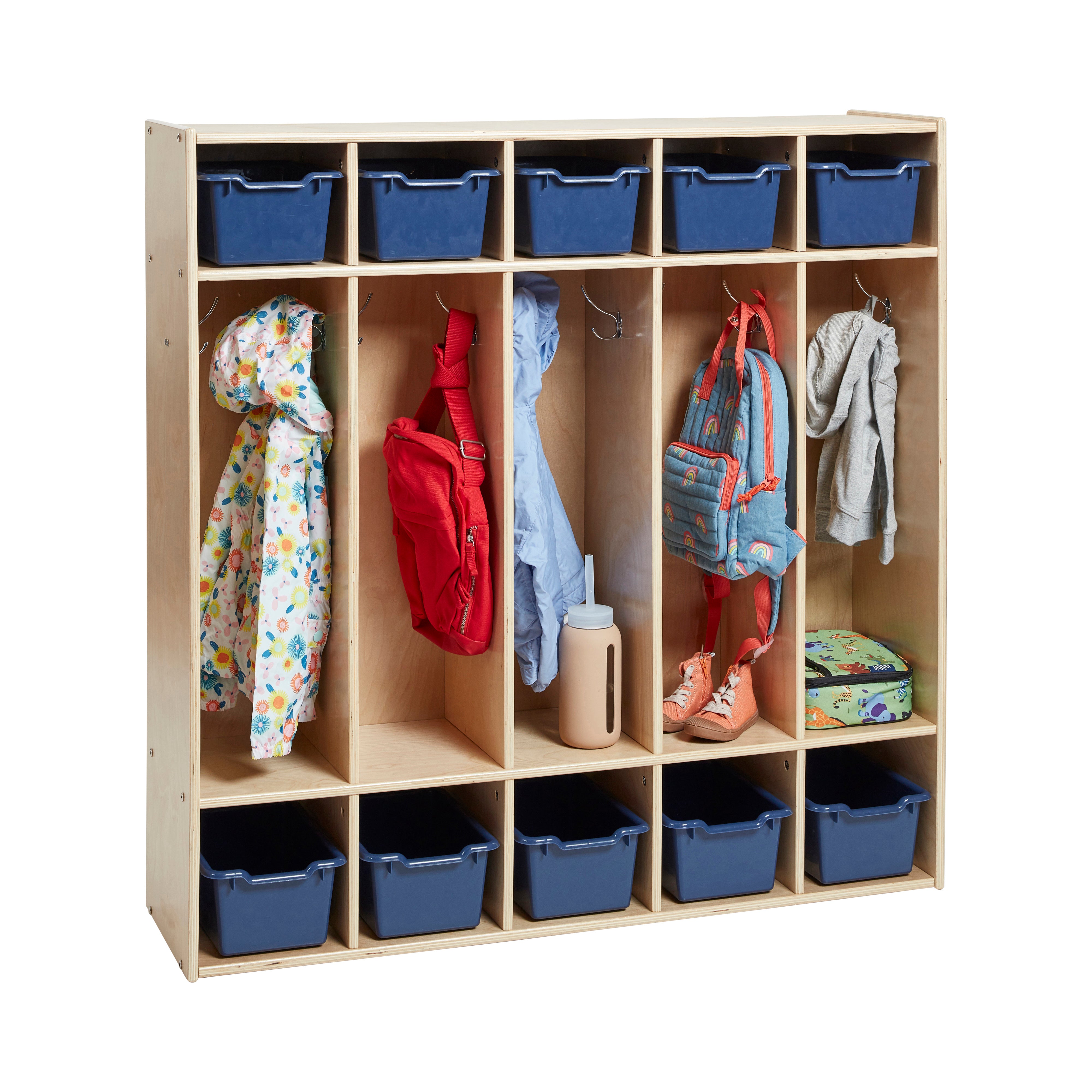 Streamline 5-Section Coat Locker with Scoop Front Storage Bins, Natural, Classroom Furniture