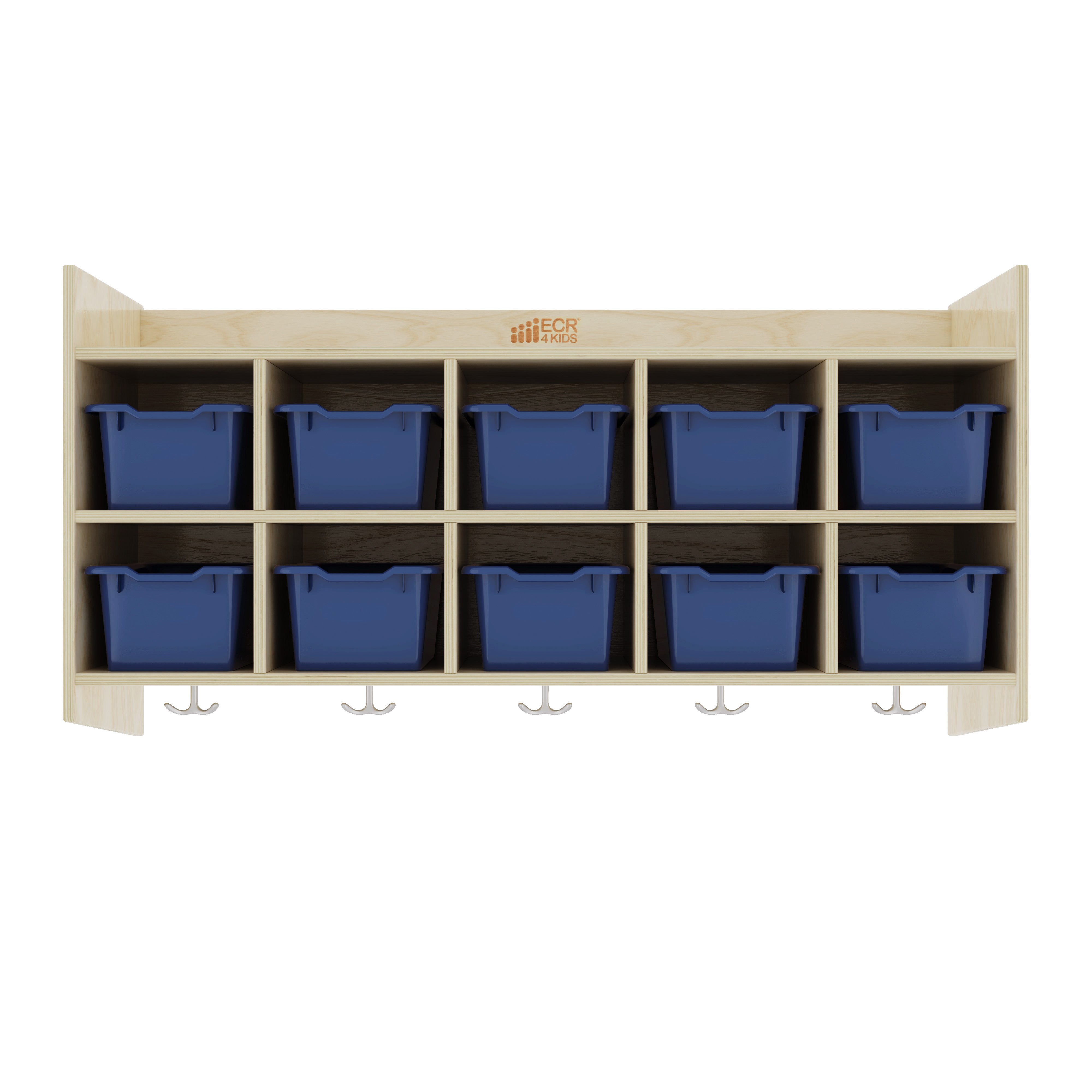 10-Section Hanging Coat Locker with Shelf and 10 Scoop Front Storage Bins, Natural, Classroom Furniture