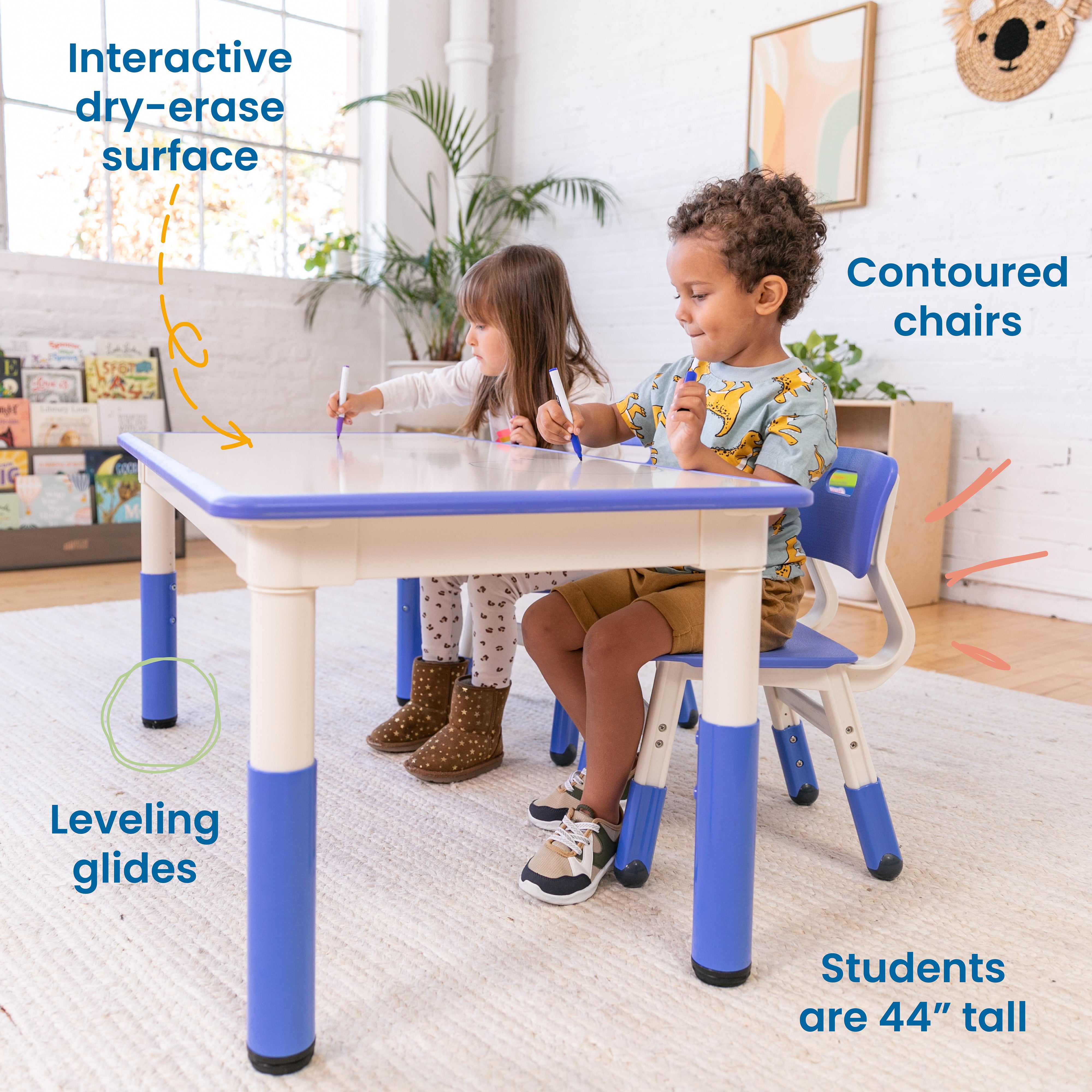 Rectangle Dry Erase Activity Table and 2 Adjustable Height Plastic Cha