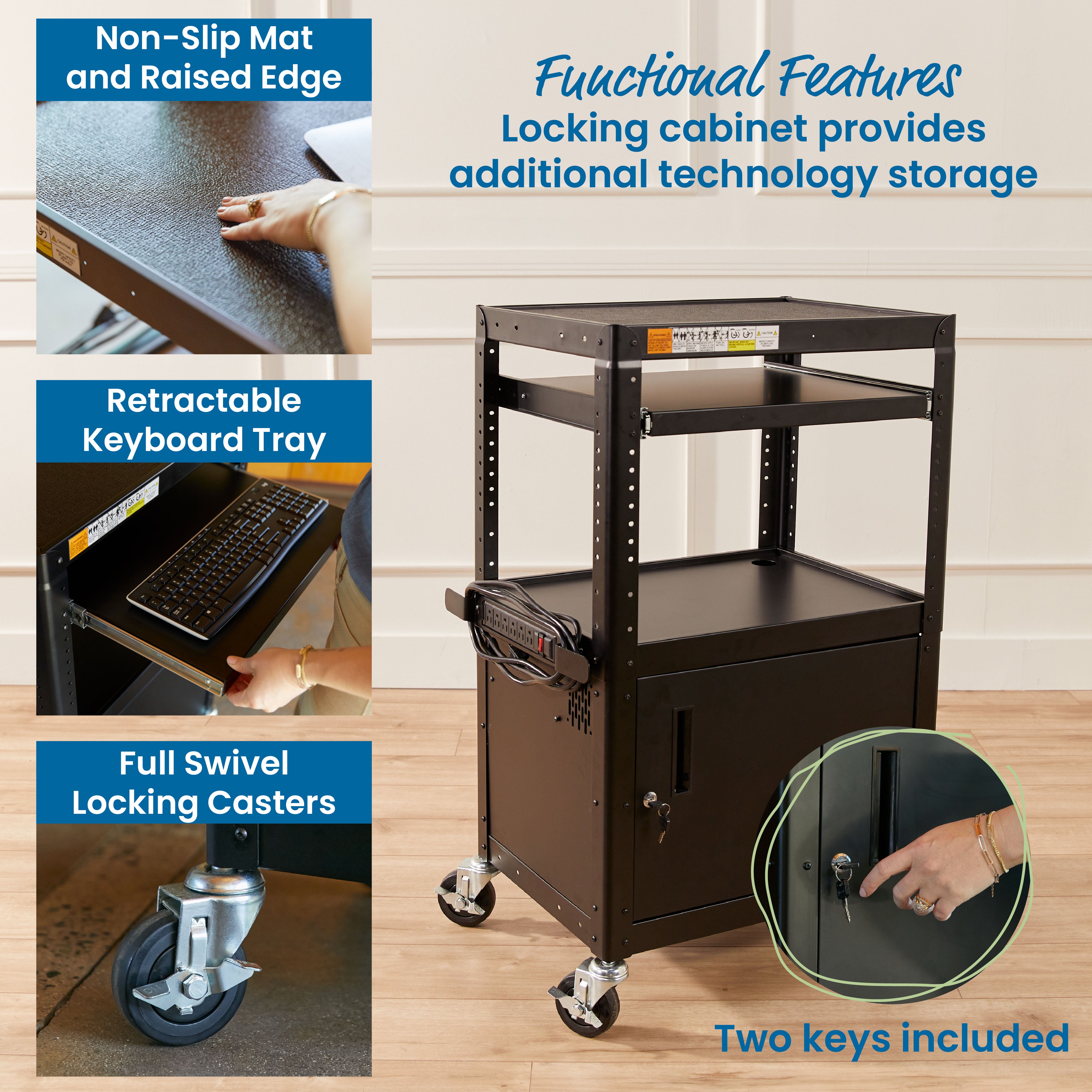 AV Presentation Cart Stand with Storage Box, Rolling Storage, Black