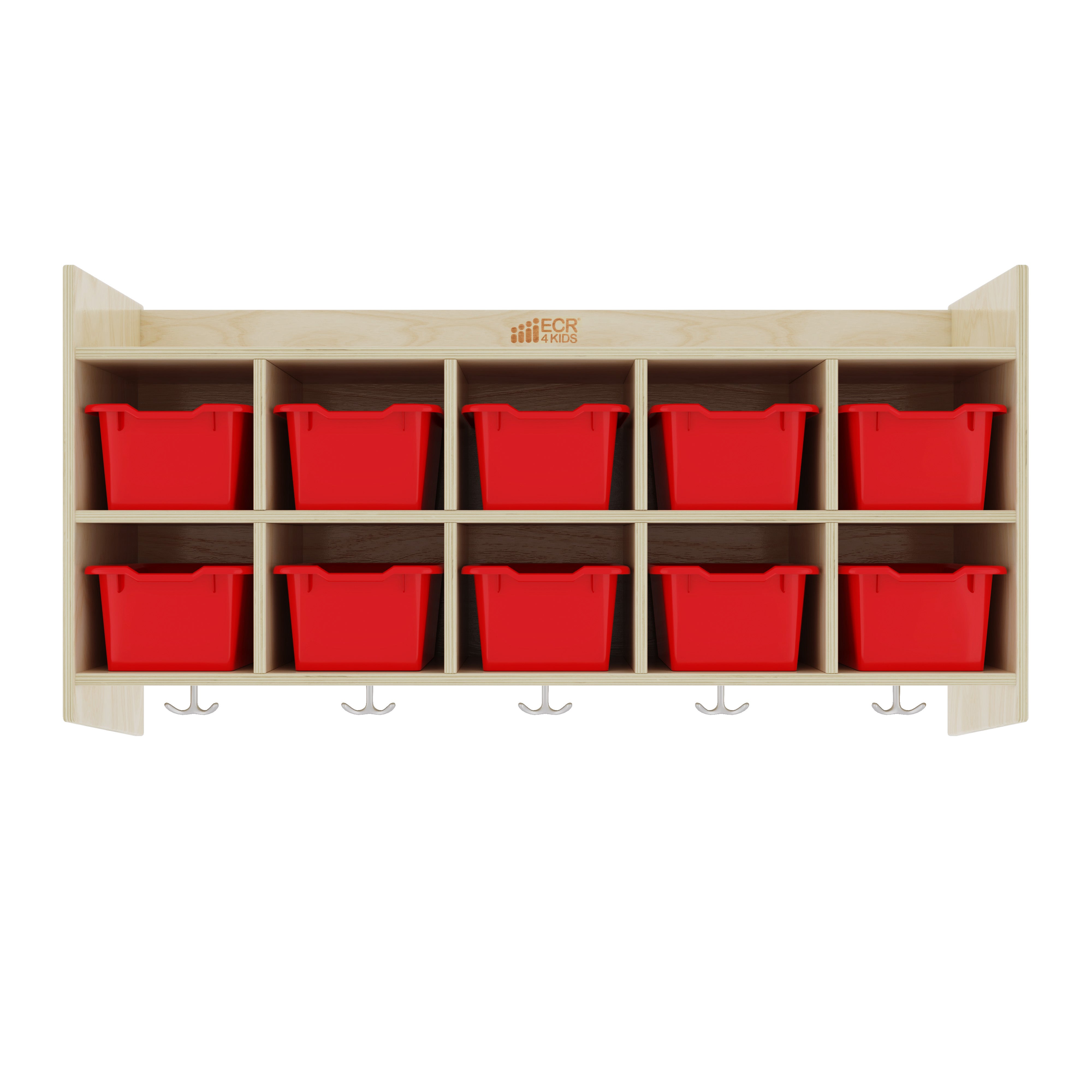 10-Section Hanging Coat Locker with Shelf and 10 Scoop Front Storage Bins, Natural, Classroom Furniture