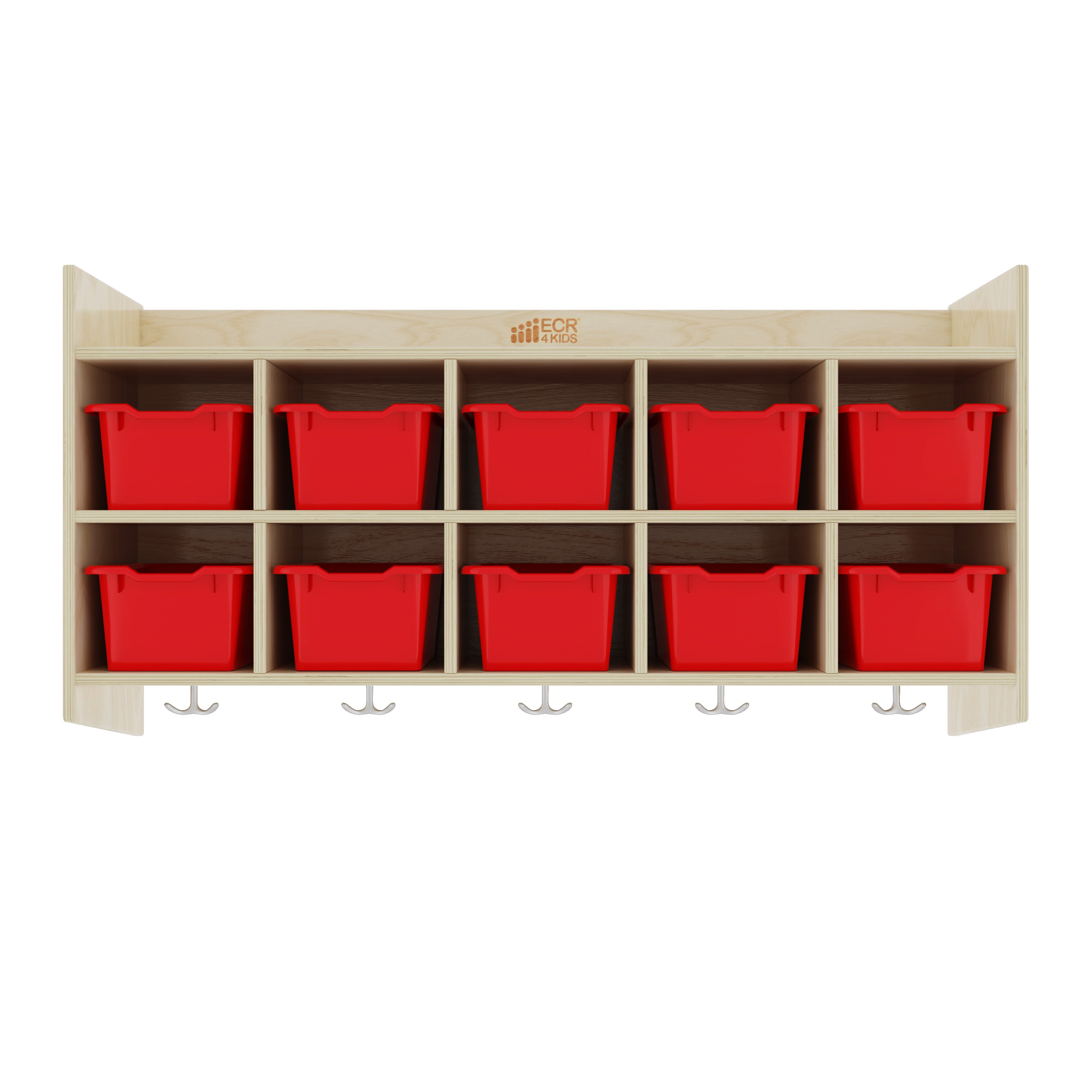 10-Section Hanging Coat Locker with Shelf and 10 Scoop Front Storage Bins, Natural