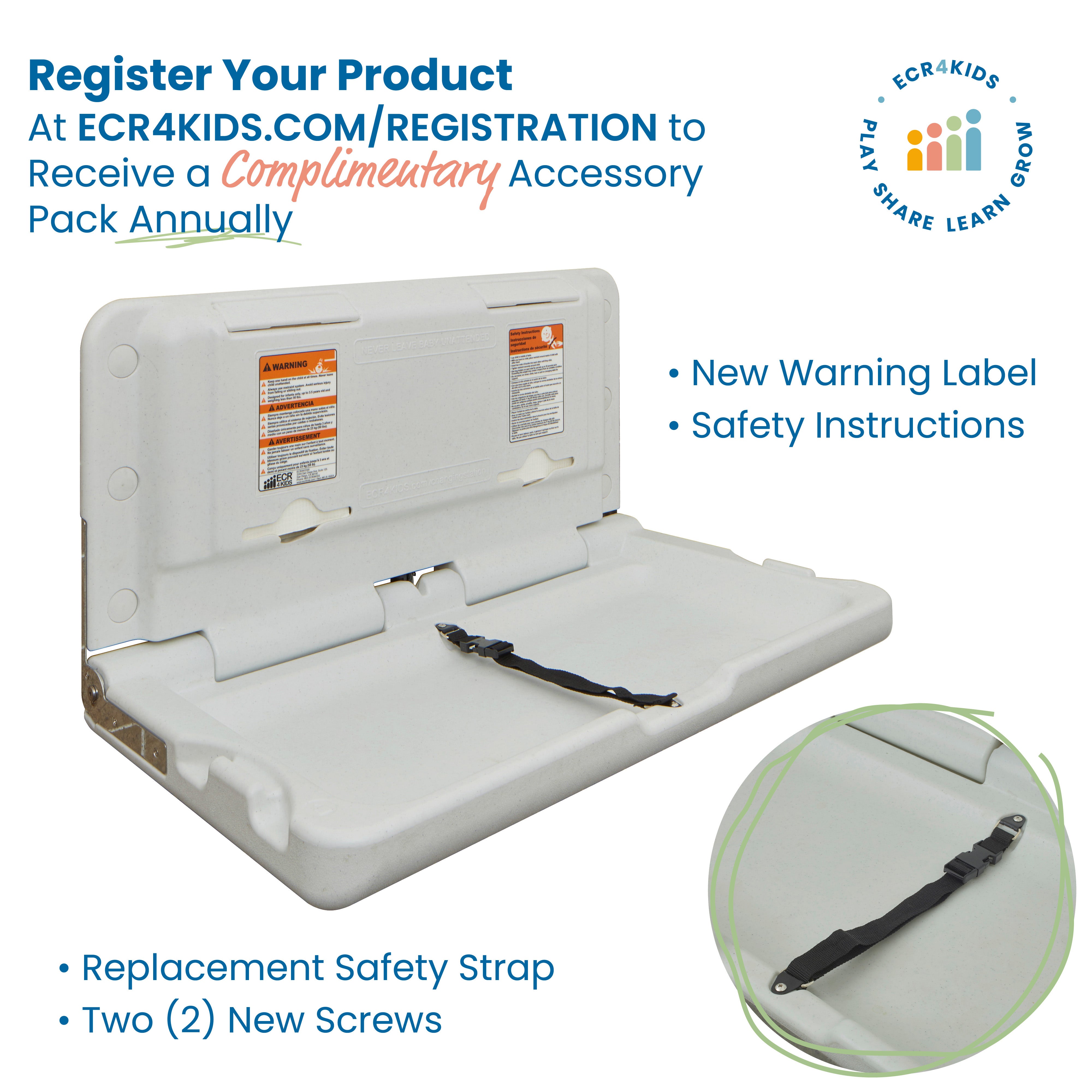 Horizontal Wall-Mounted Changing Station, Fold-Down Table, Safety Strap, Liner Dispensers, Bag Hooks