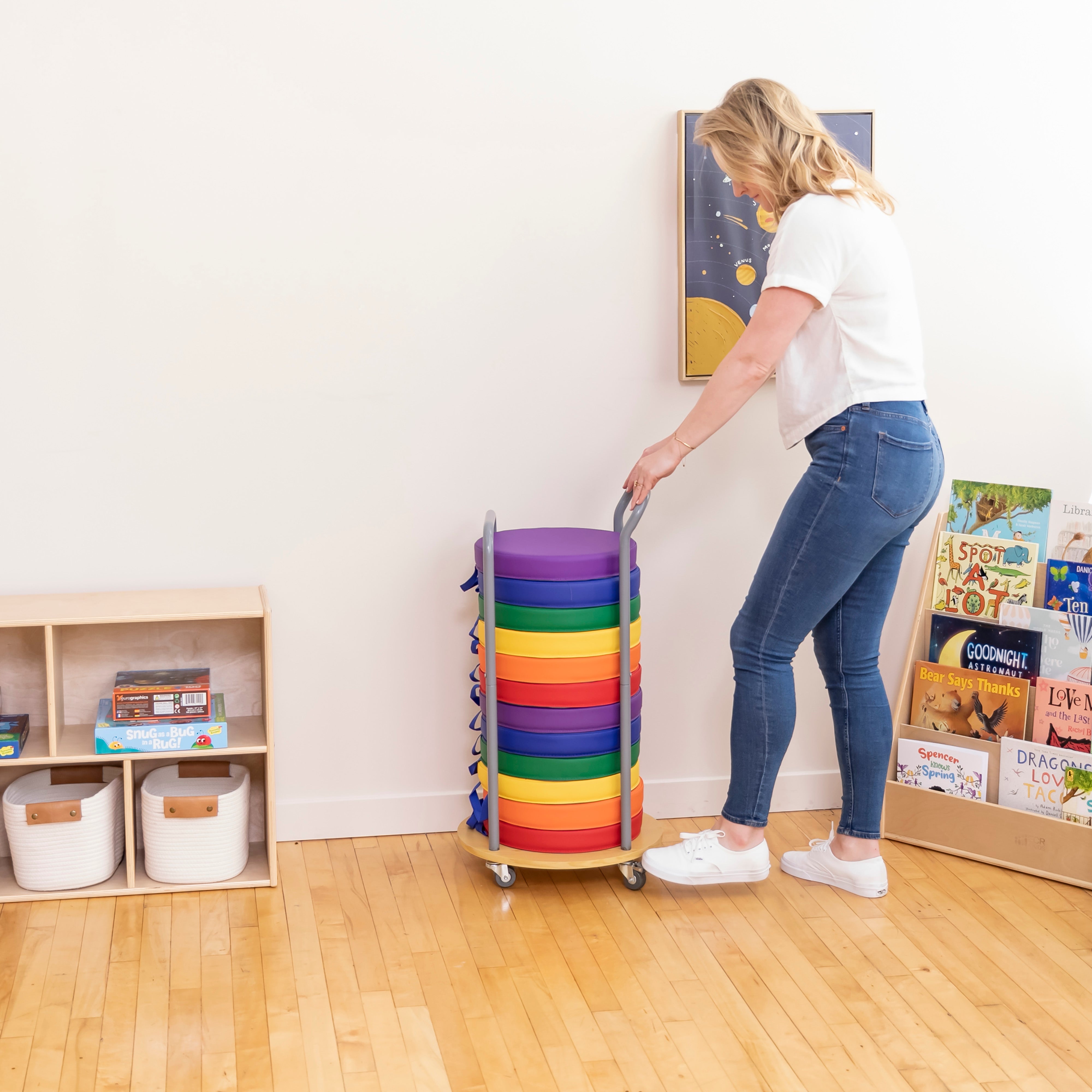 Mobile Storage Cart and 12 Round Floor Cushions with Handle Classroom