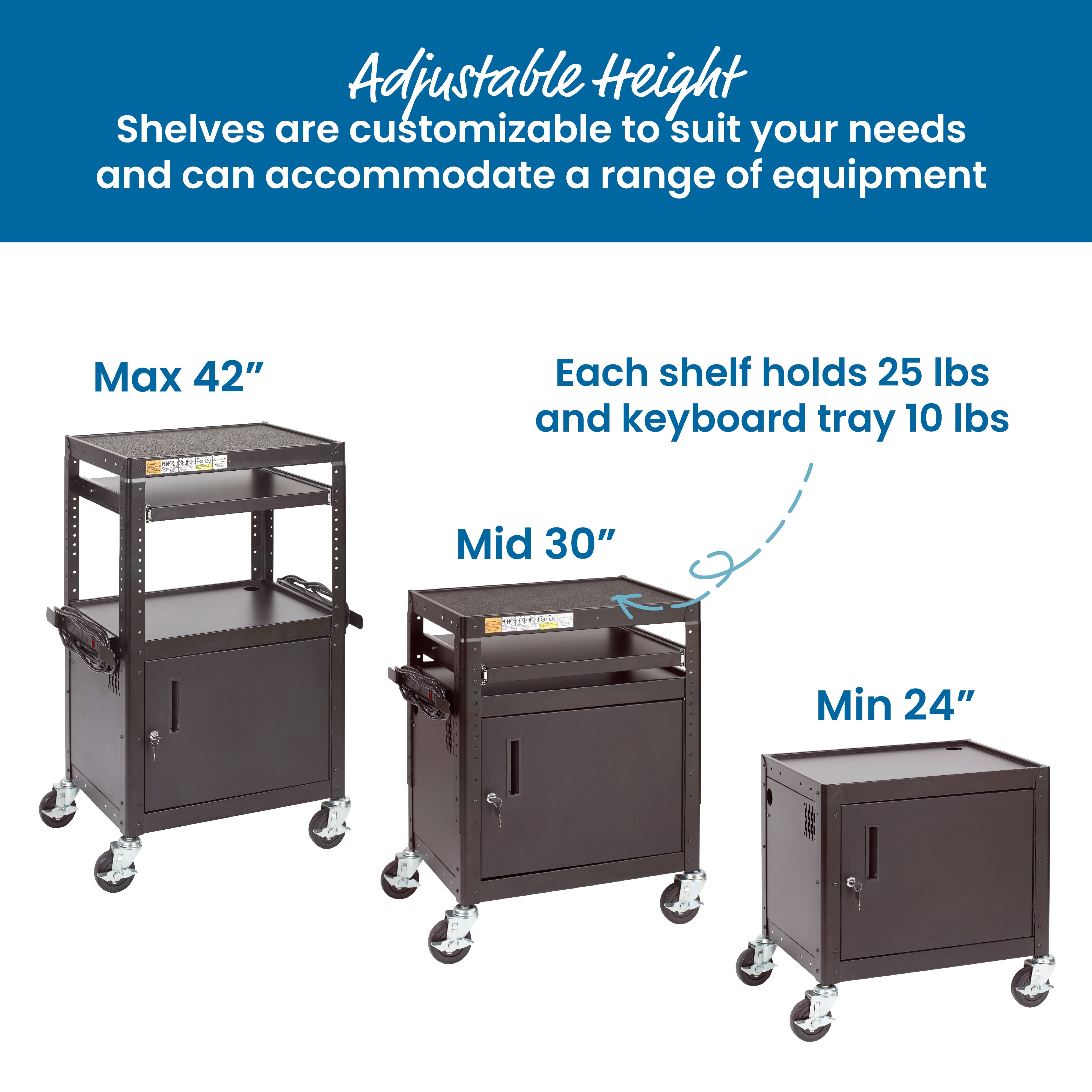 AV Presentation Stand and 12-Bay Charging Cart, Rolling Storage, Black