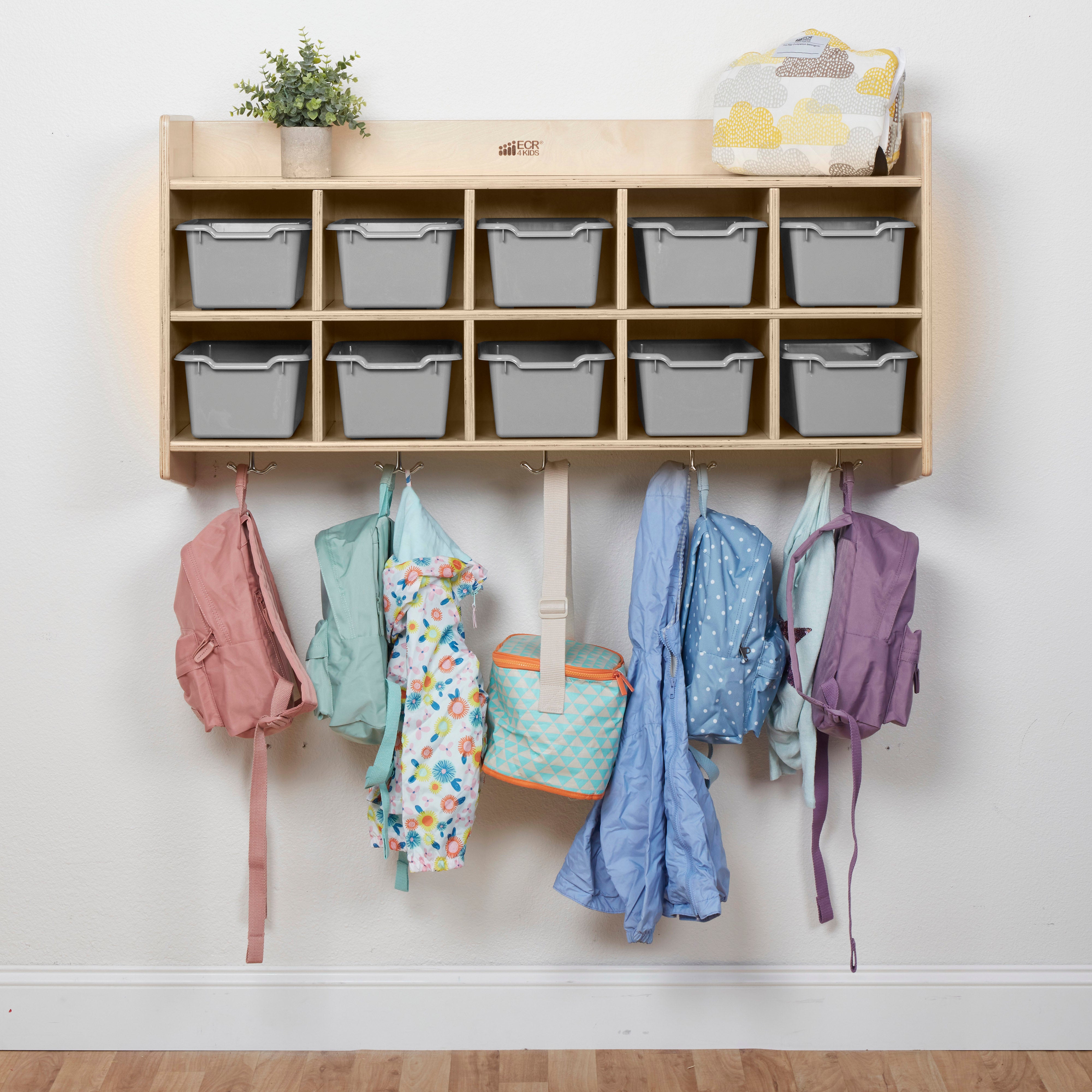 10-Section Hanging Coat Locker with Shelf and 10 Scoop Front Storage Bins, Natural, Classroom Furniture