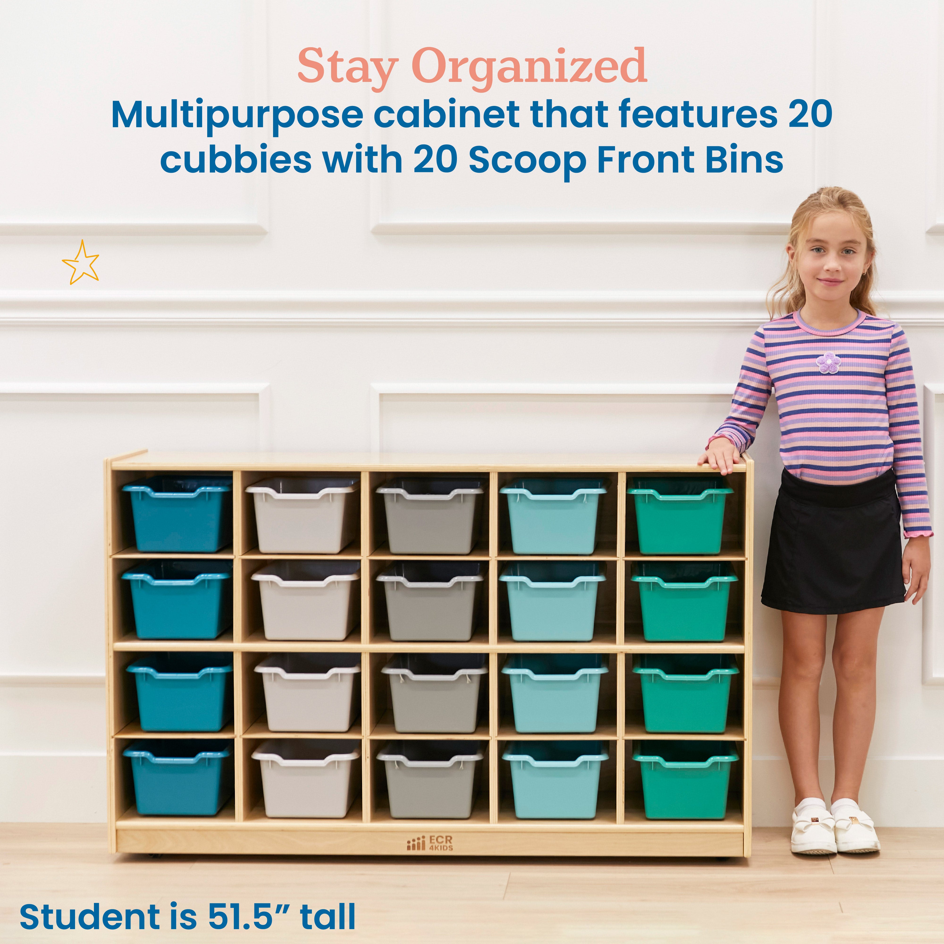 20 Cubby Mobile Tray Cabinet with 20 Scoop Front Storage Bins