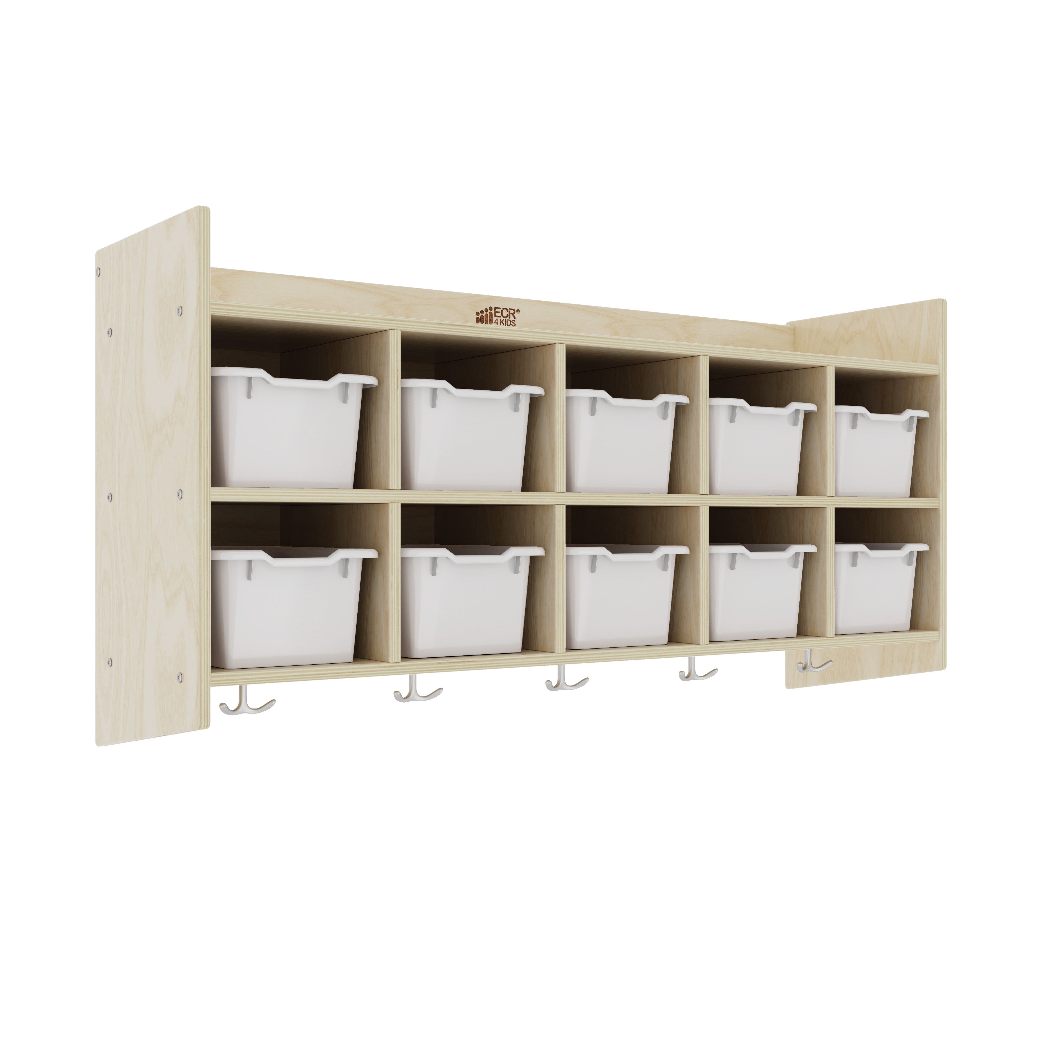 10-Section Hanging Coat Locker with Shelf and 10 Scoop Front Storage Bins, Natural