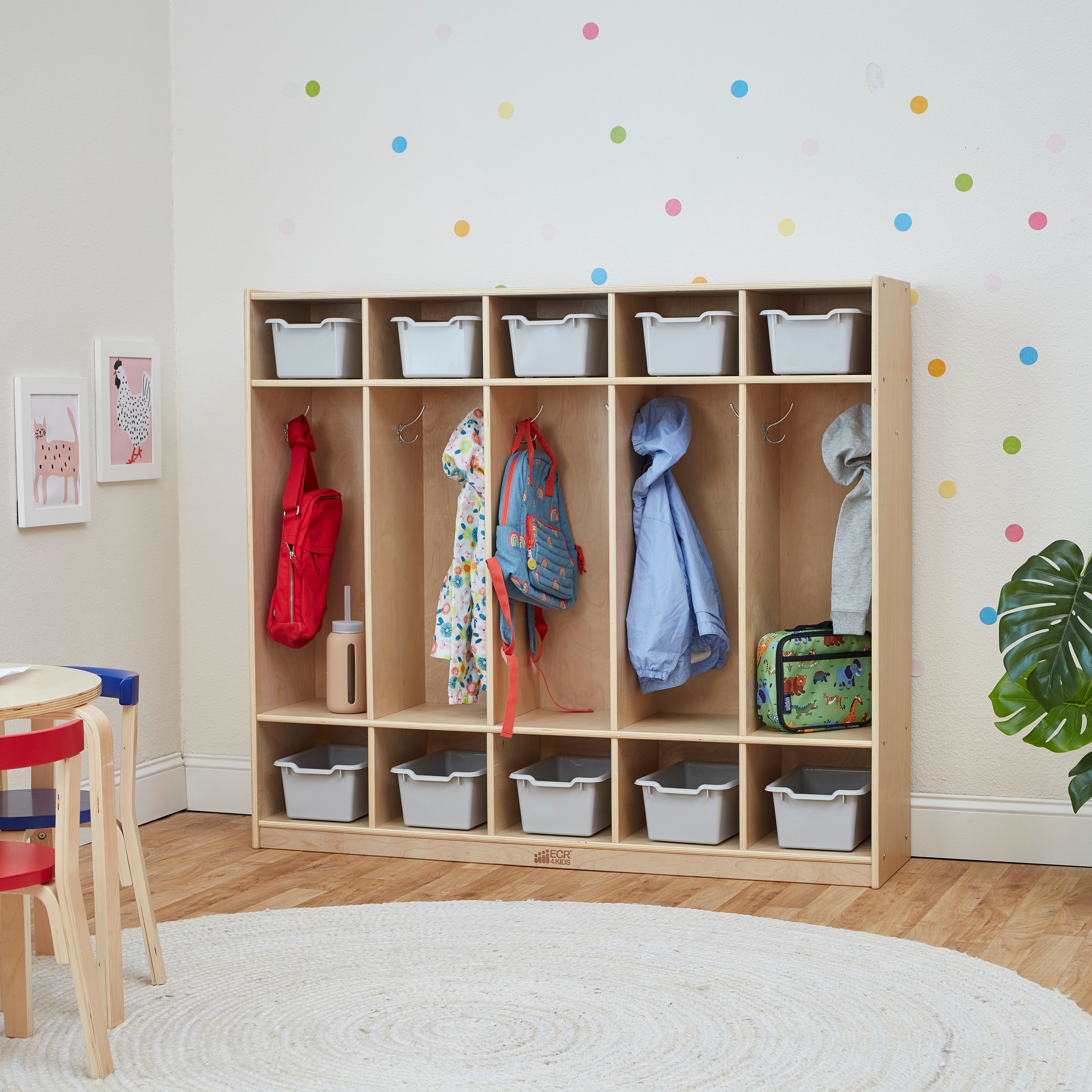 5-Section Coat Locker with 10 Scoop Front Storage Bins, Natural