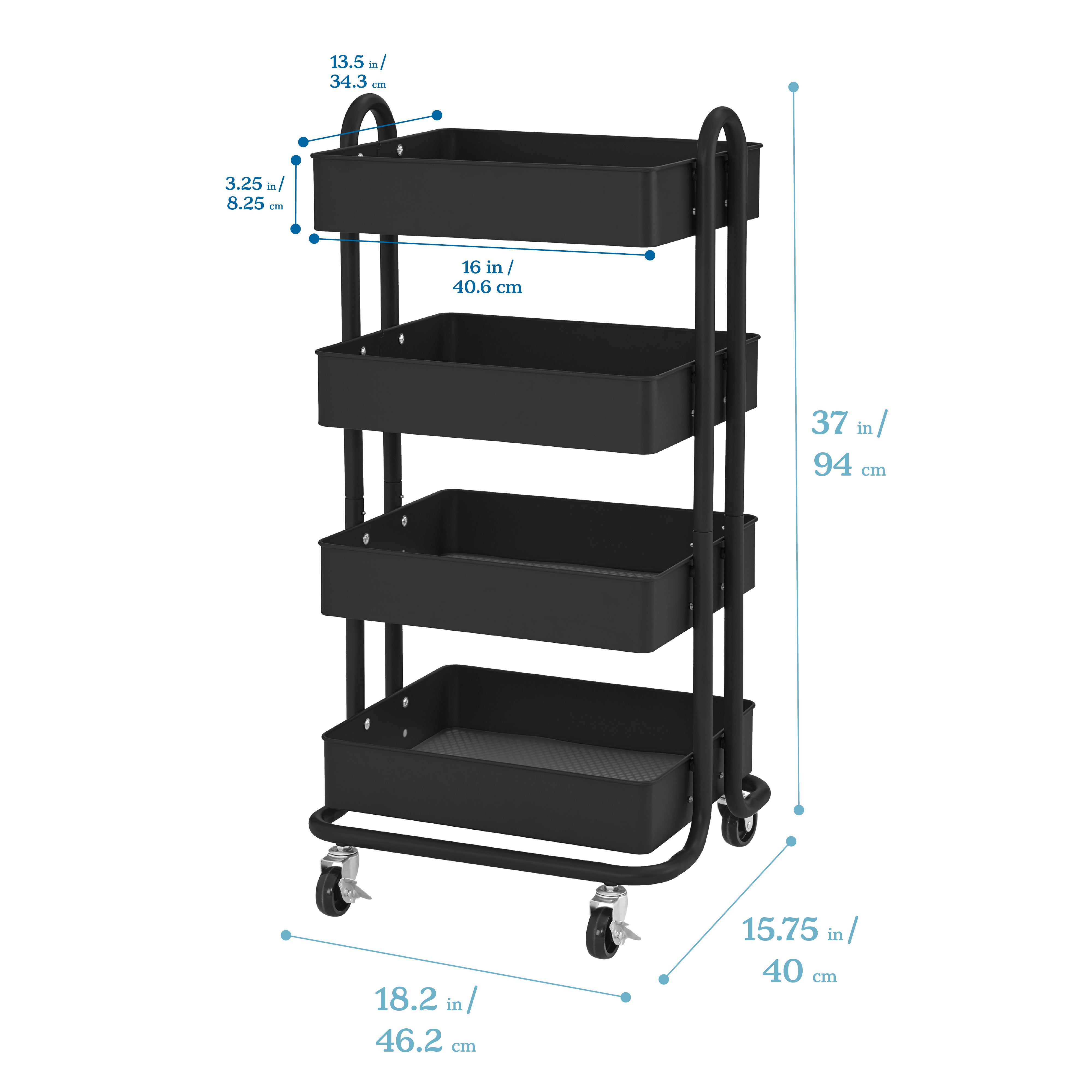 4-Tier Heavy-Duty Rolling Utility Cart, Mobile Storage Organizer - Black