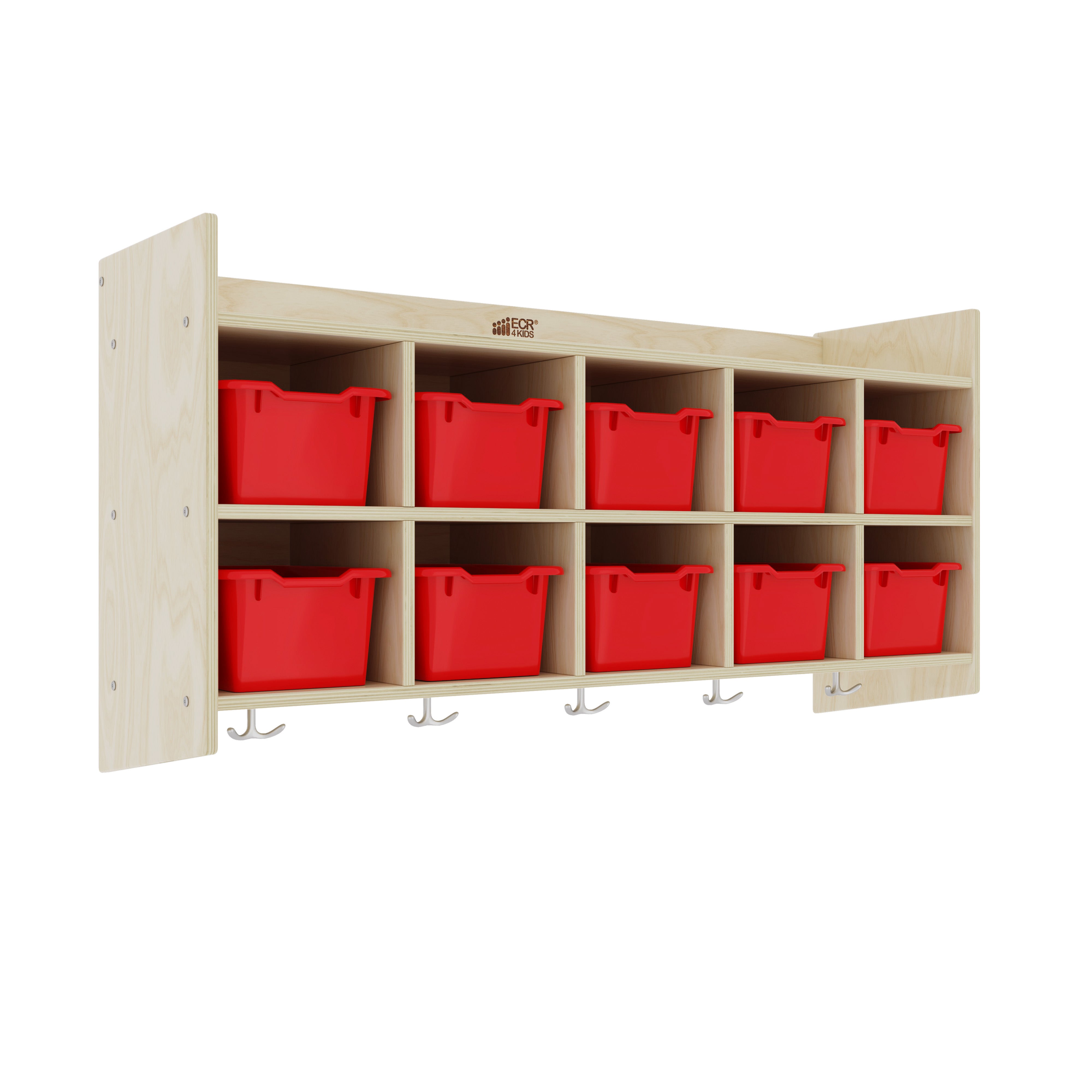 10-Section Hanging Coat Locker with Shelf and 10 Scoop Front Storage Bins, Natural