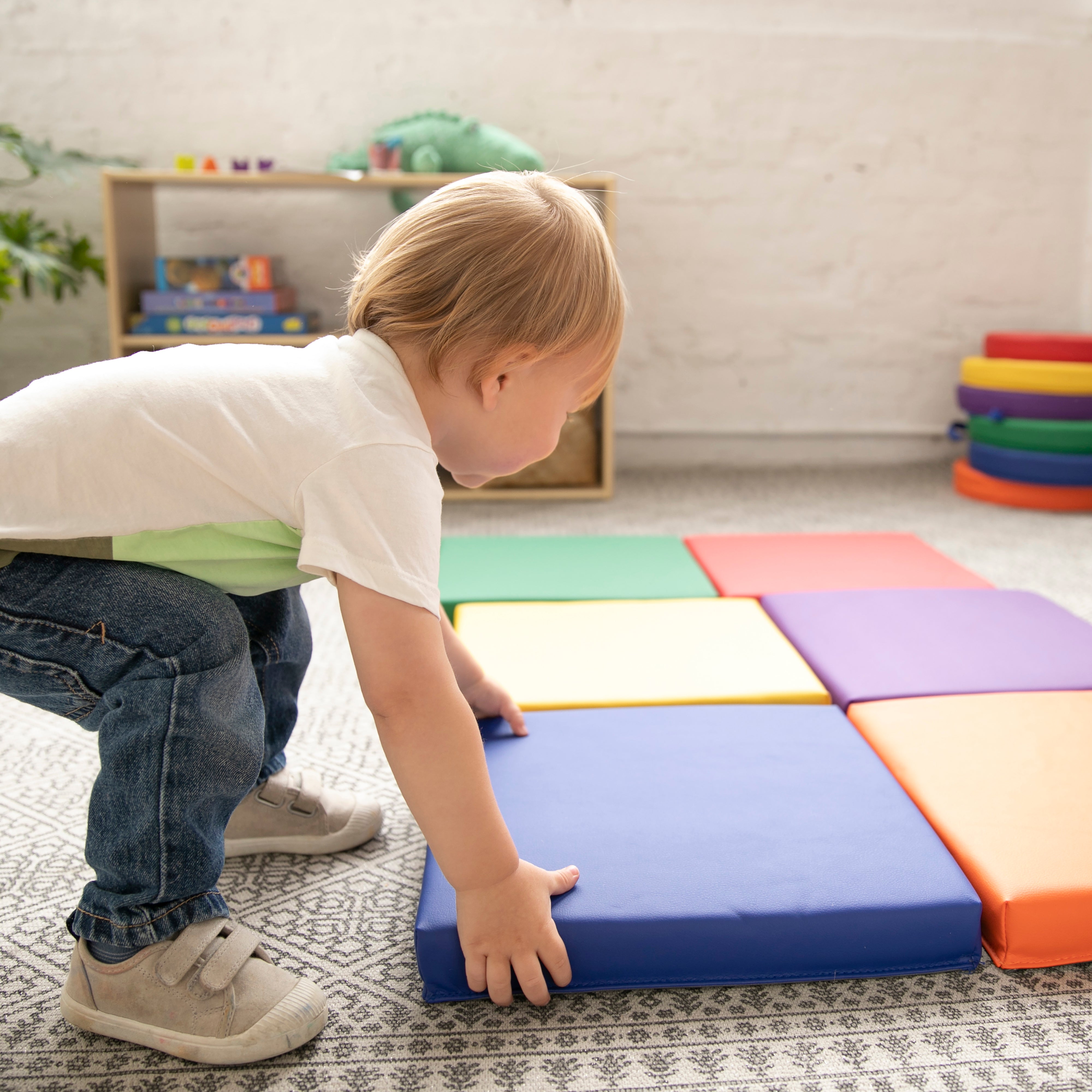 Mobile Cushion Cart and SoftZone Square Floor Cushions, Flexible Seating