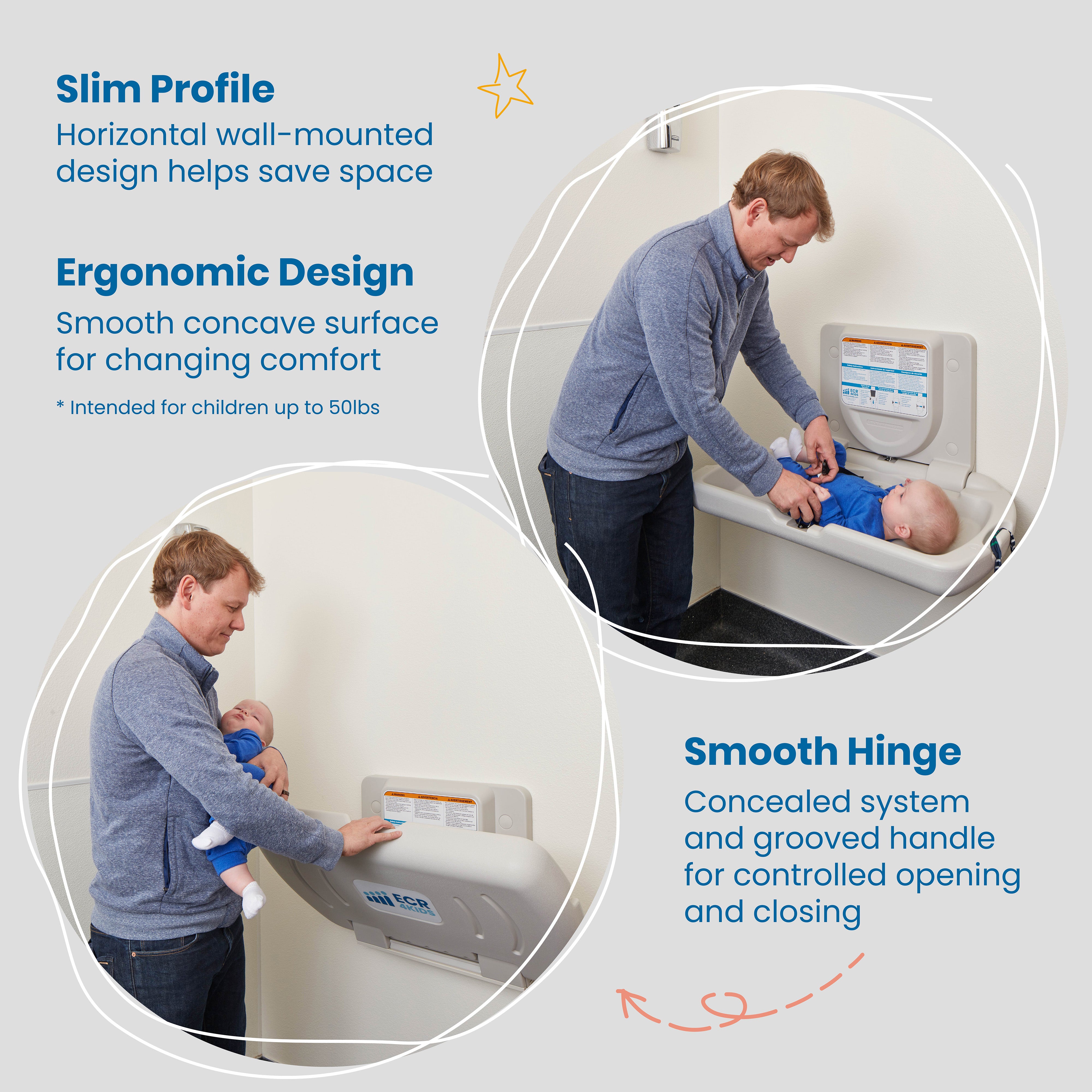 Horizontal Wall-Mounted Changing Station with Slim Back, Safety Straps and Bag Hooks