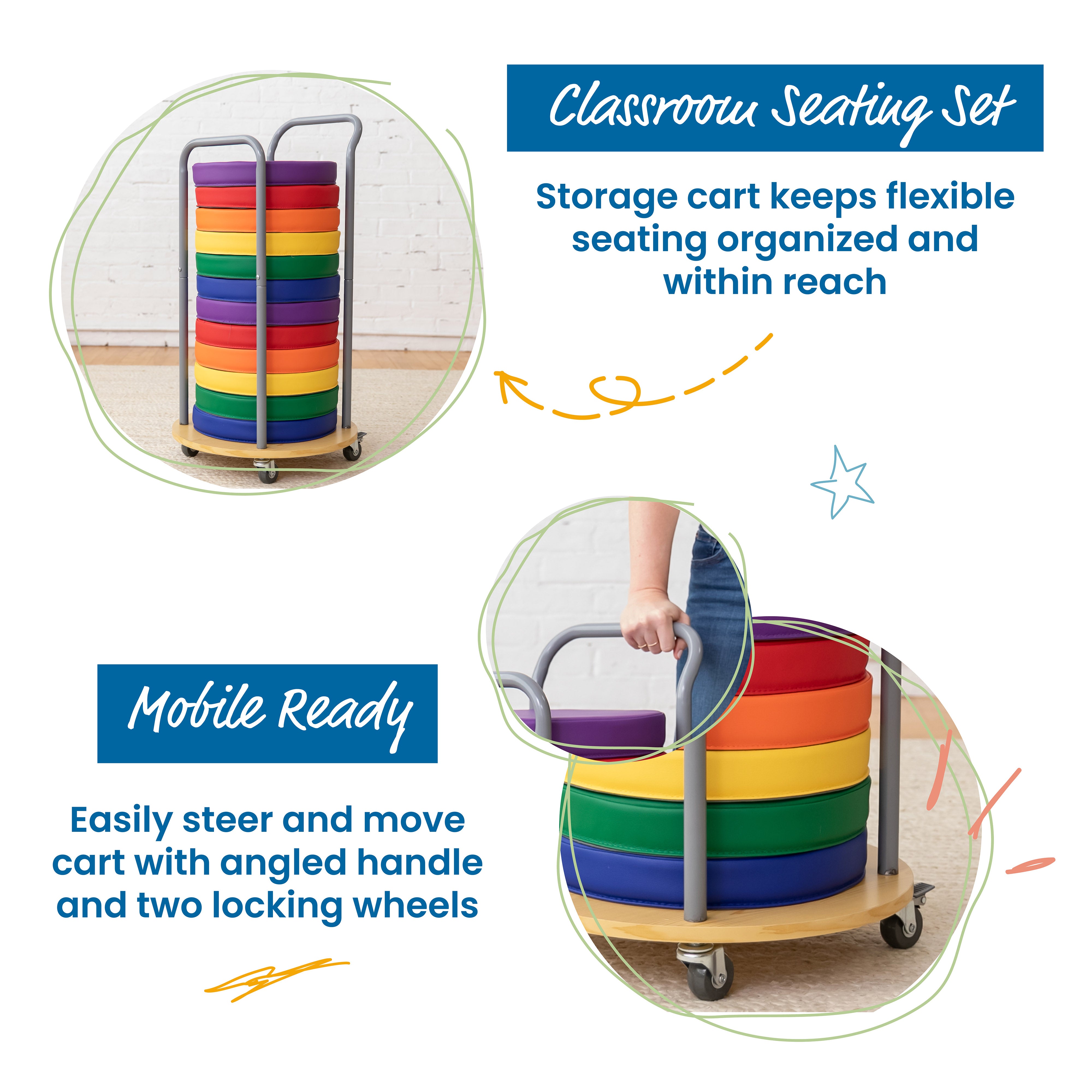 Mobile Storage Cart and 12 Round Floor Cushions with Handle, Classroom Flexible Seating