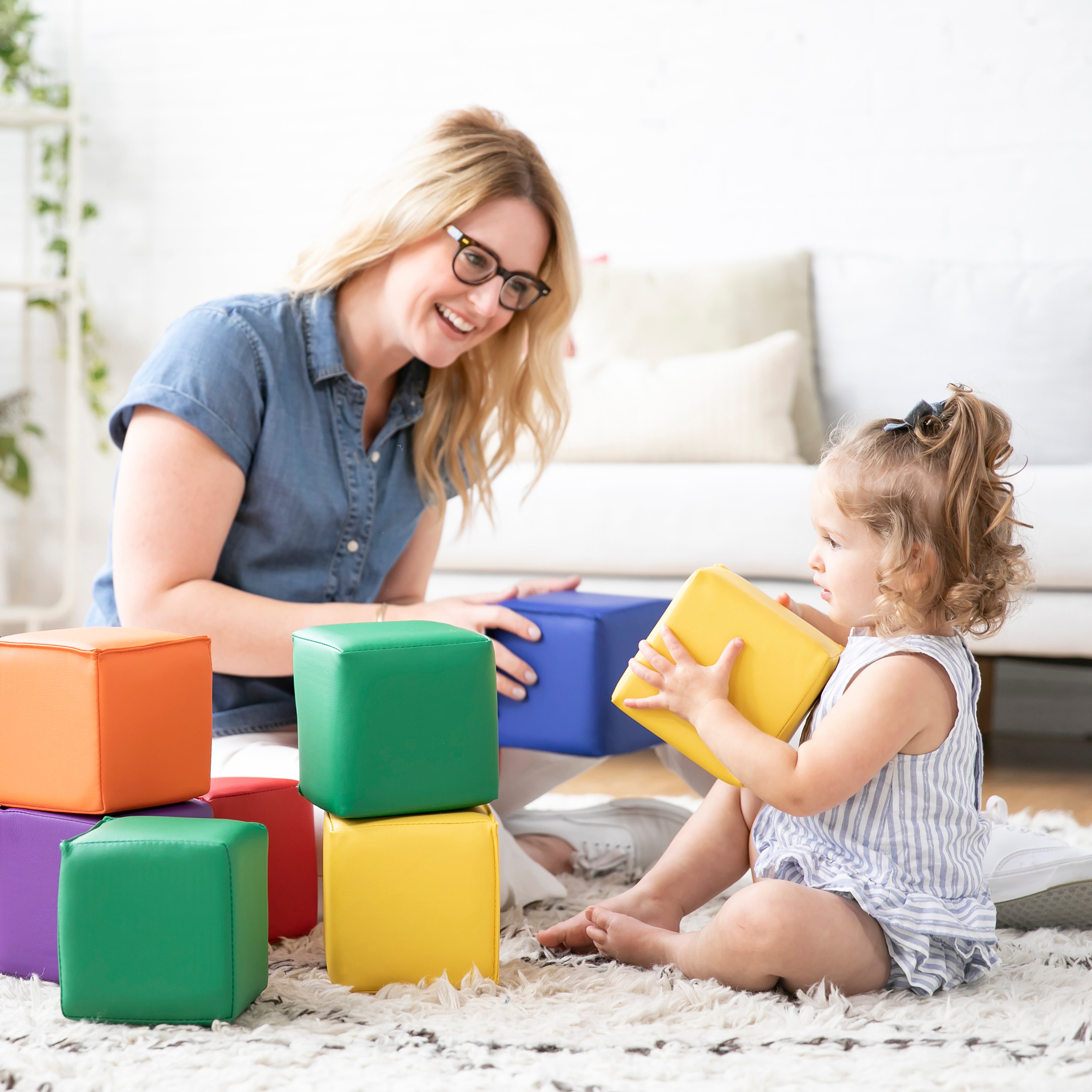 Patchwork Toddler Activity Mat and 12 Stacking Block Set, Tummy Time Foam Pad and Building Blocks