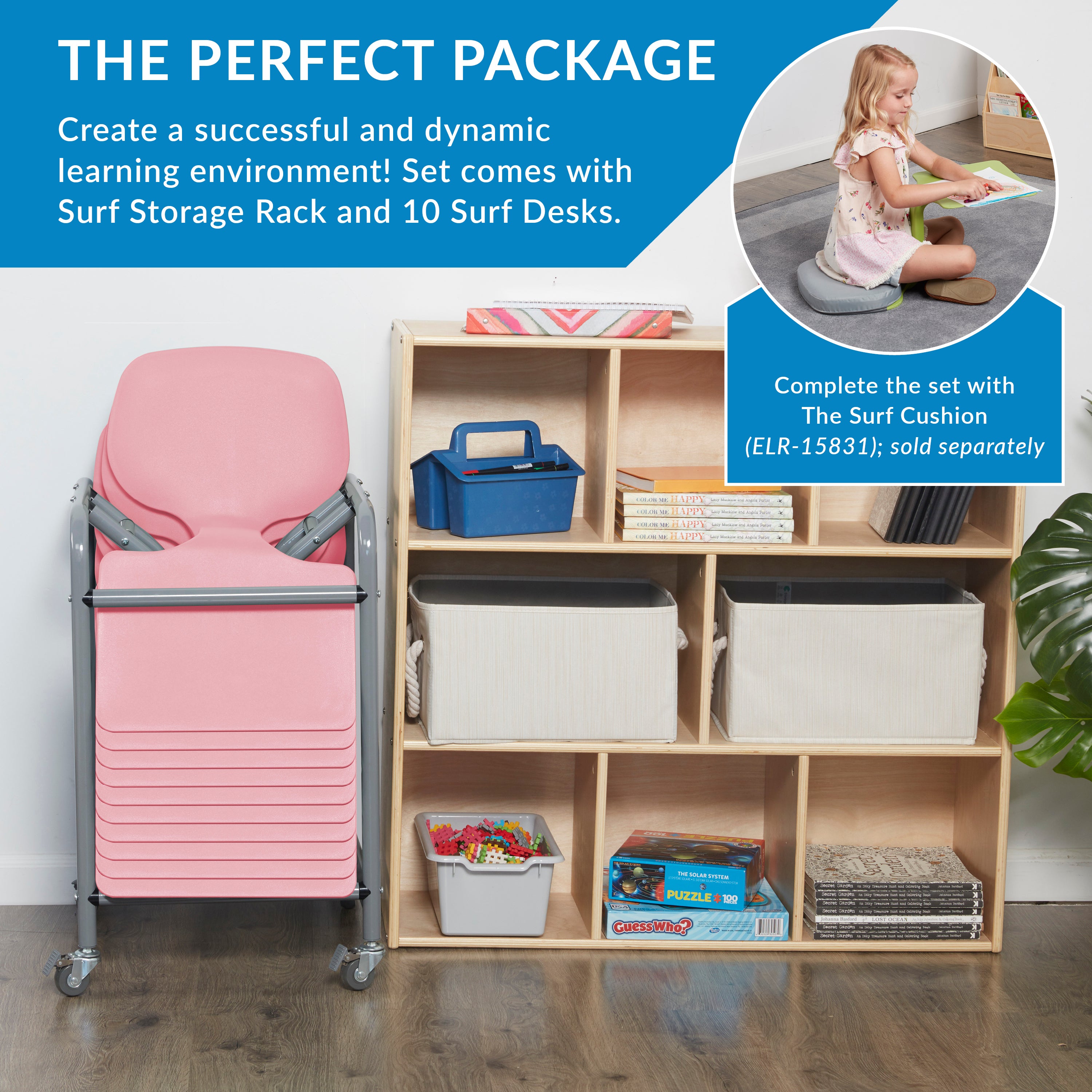 The Surf Mobile Storage Rack with 10 Surf Portable Desks Package, Classroom Flexible Seating