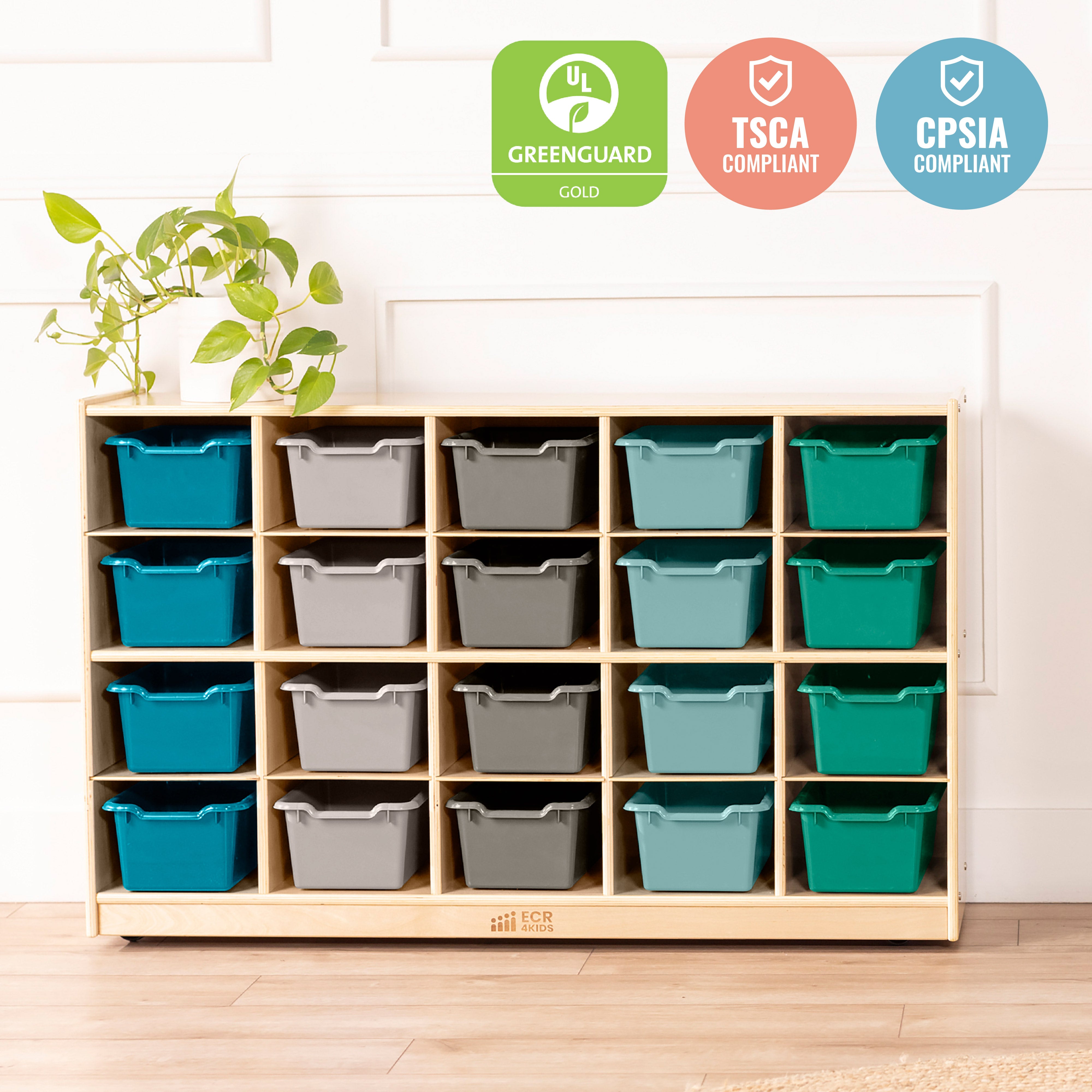 20 Cubby Mobile Tray Cabinet with 20 Scoop Front Storage Bins