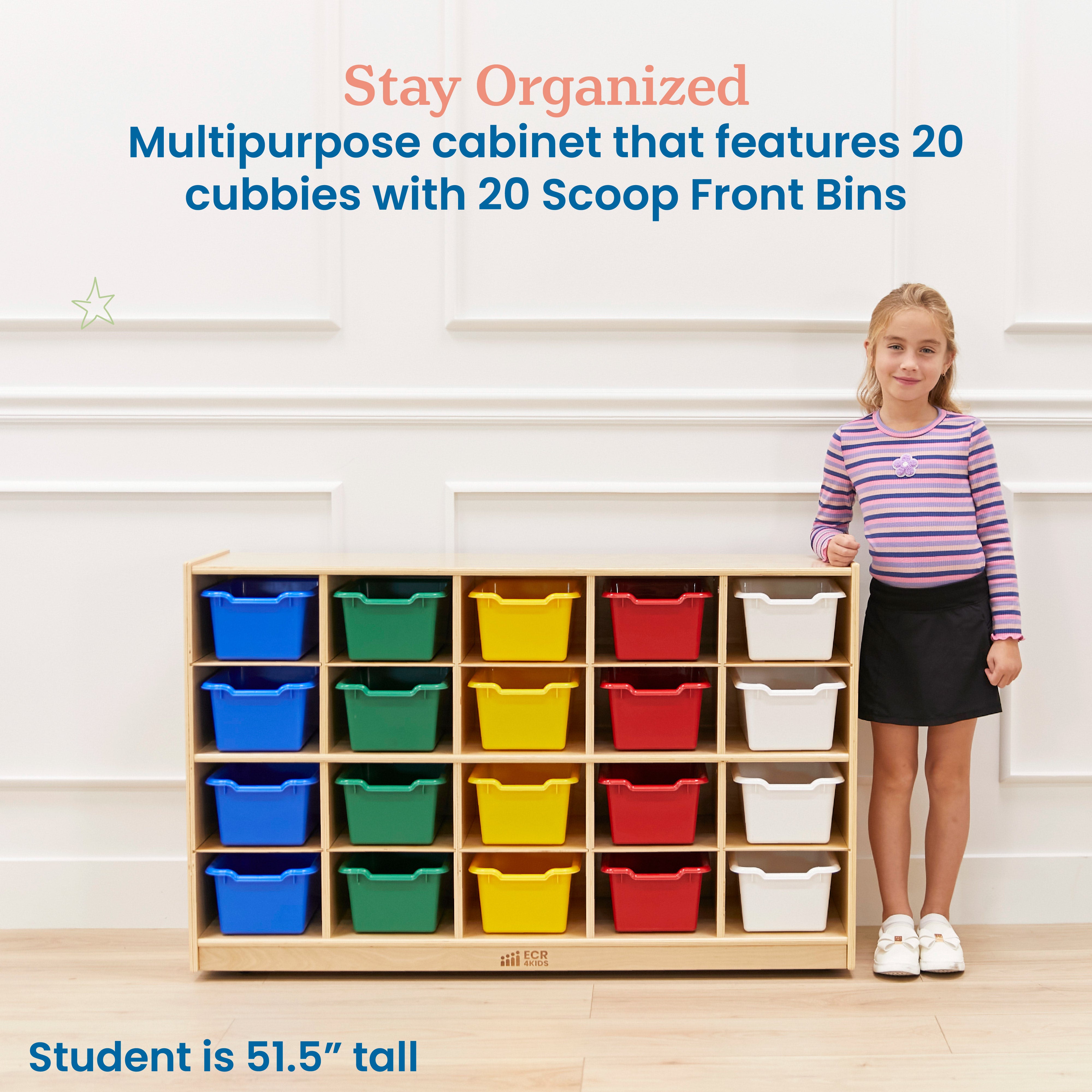 20 Cubby Mobile Tray Cabinet with 20 Scoop Front Storage Bins