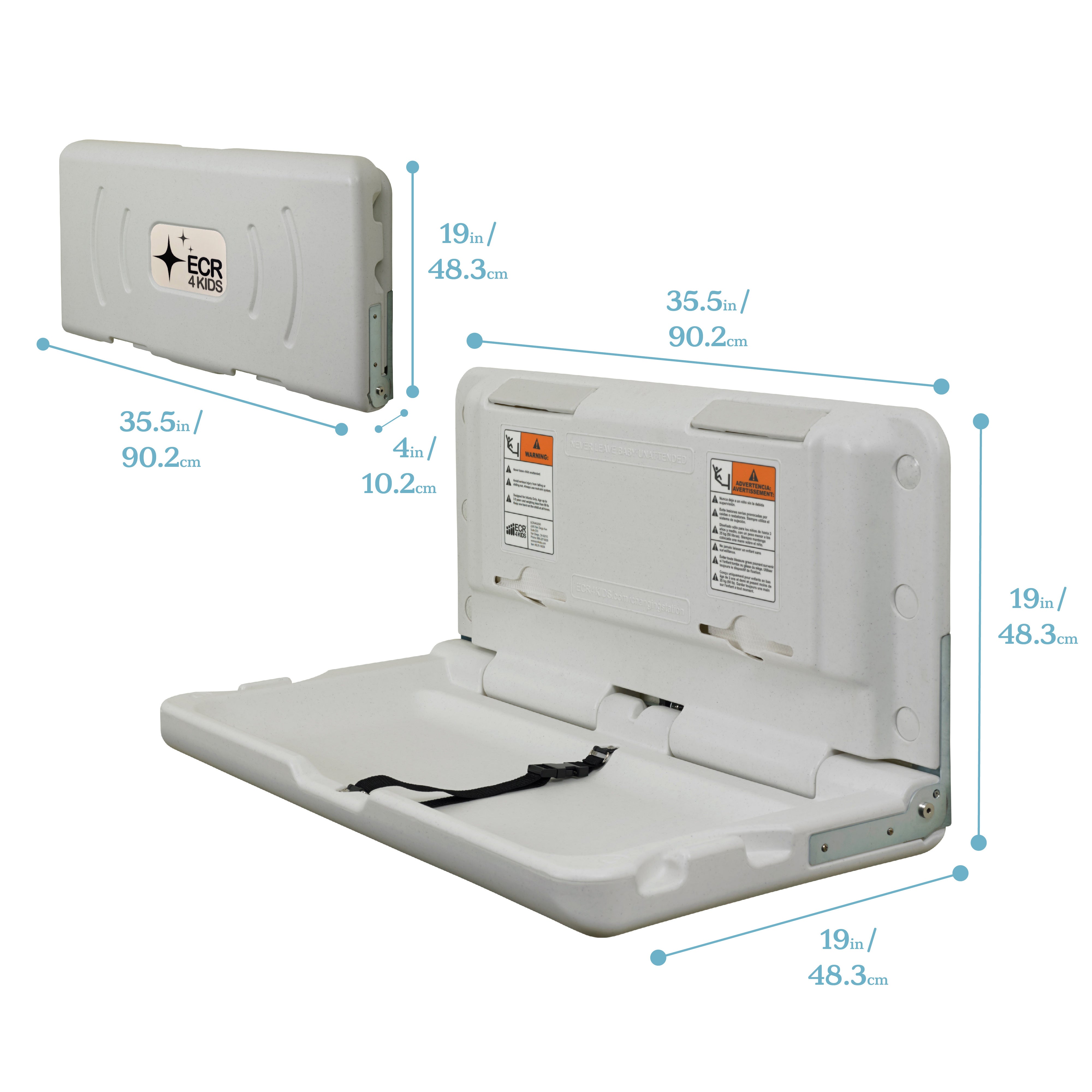 Horizontal Wall-Mounted Changing Station, Fold-Down Table, Safety Strap, Liner Dispensers, Bag Hooks