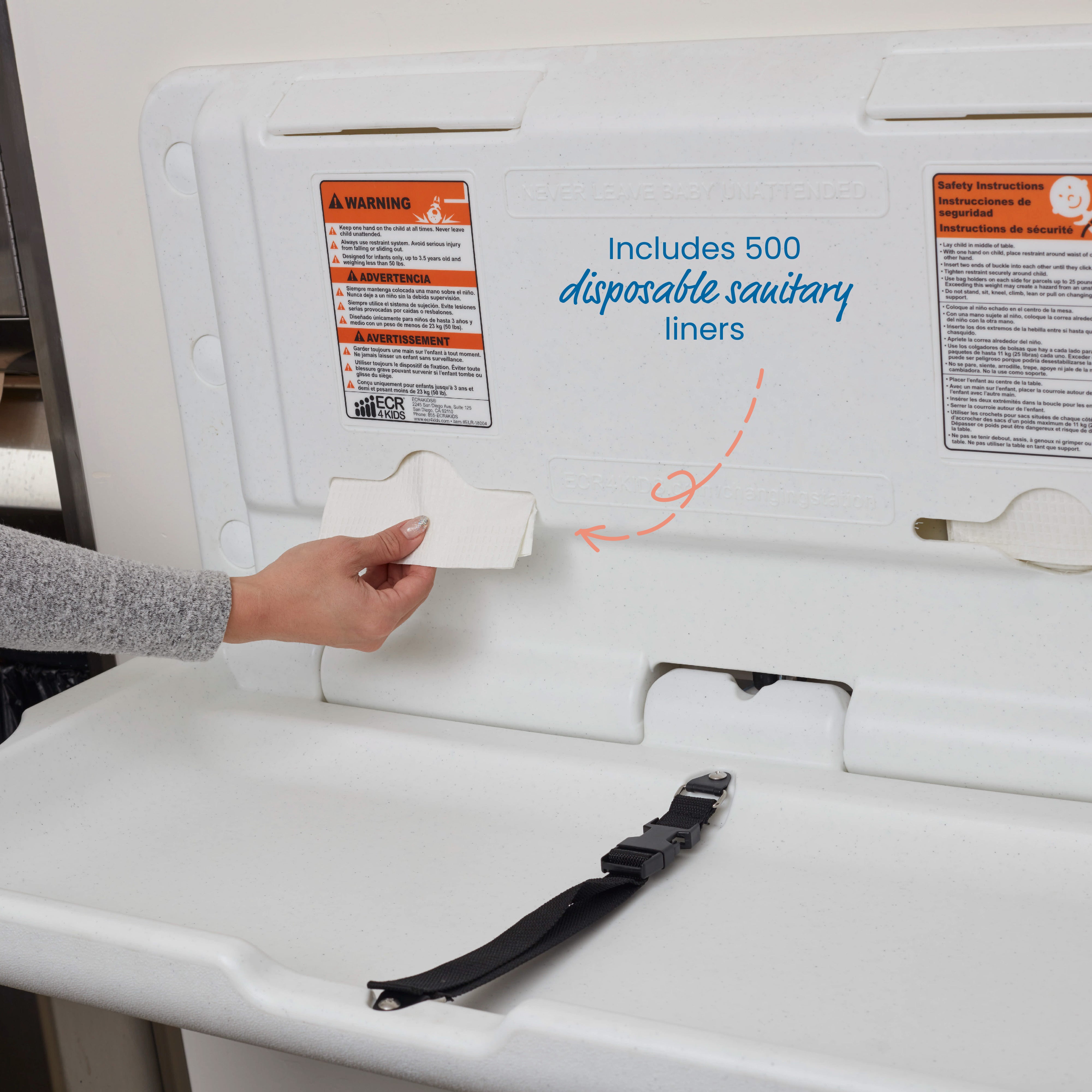 Horizontal Wall-Mounted Changing Station, Fold-Down Table, Safety Strap, Liner Dispensers, Bag Hooks