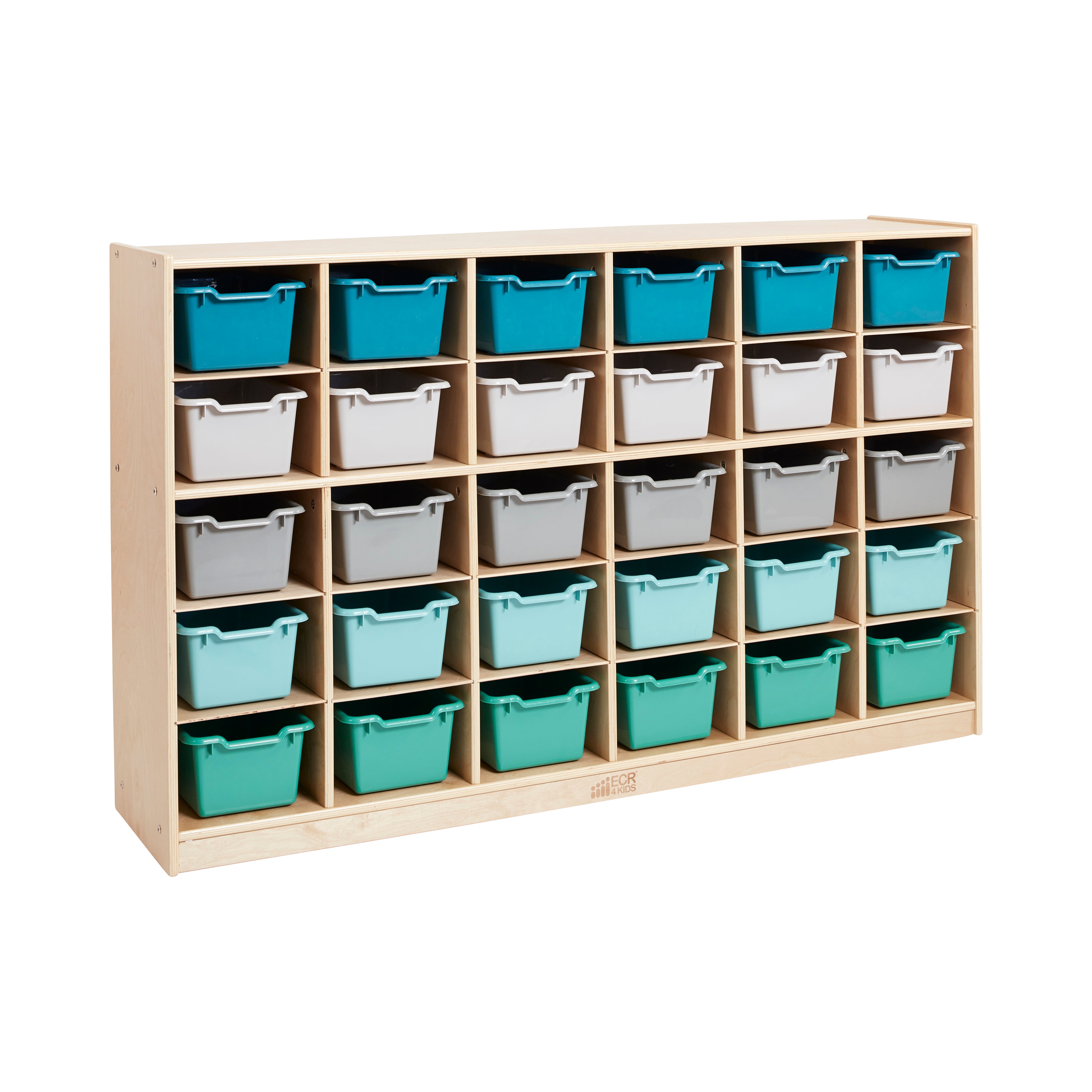 30 Cubby Tray Cabinet with Scoop Front Storage Bins, 5x6, Natural, Classroom Furniture