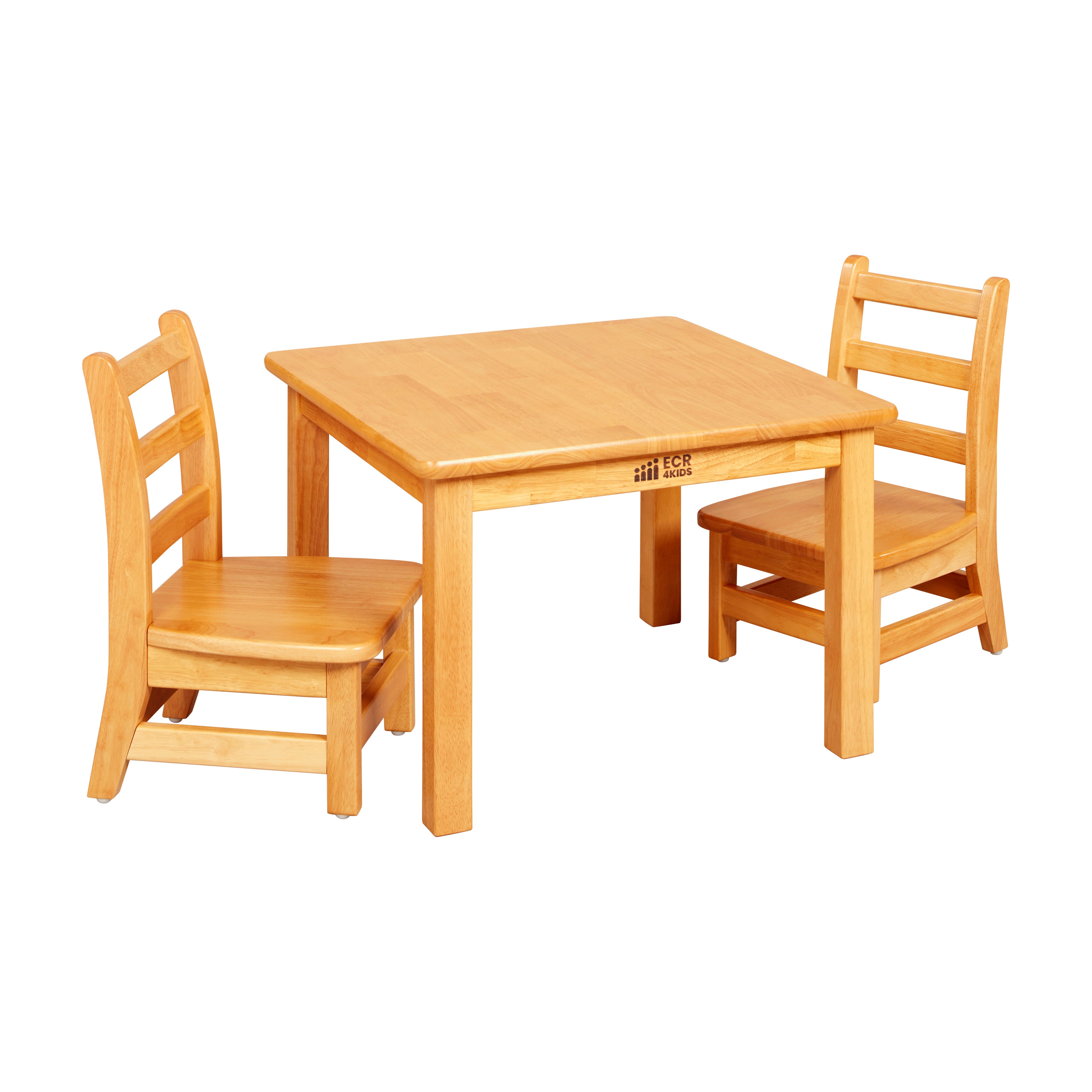 24in x 24in Square Hardwood Table with 16in Legs and Two 8in Chairs, Kids Furniture