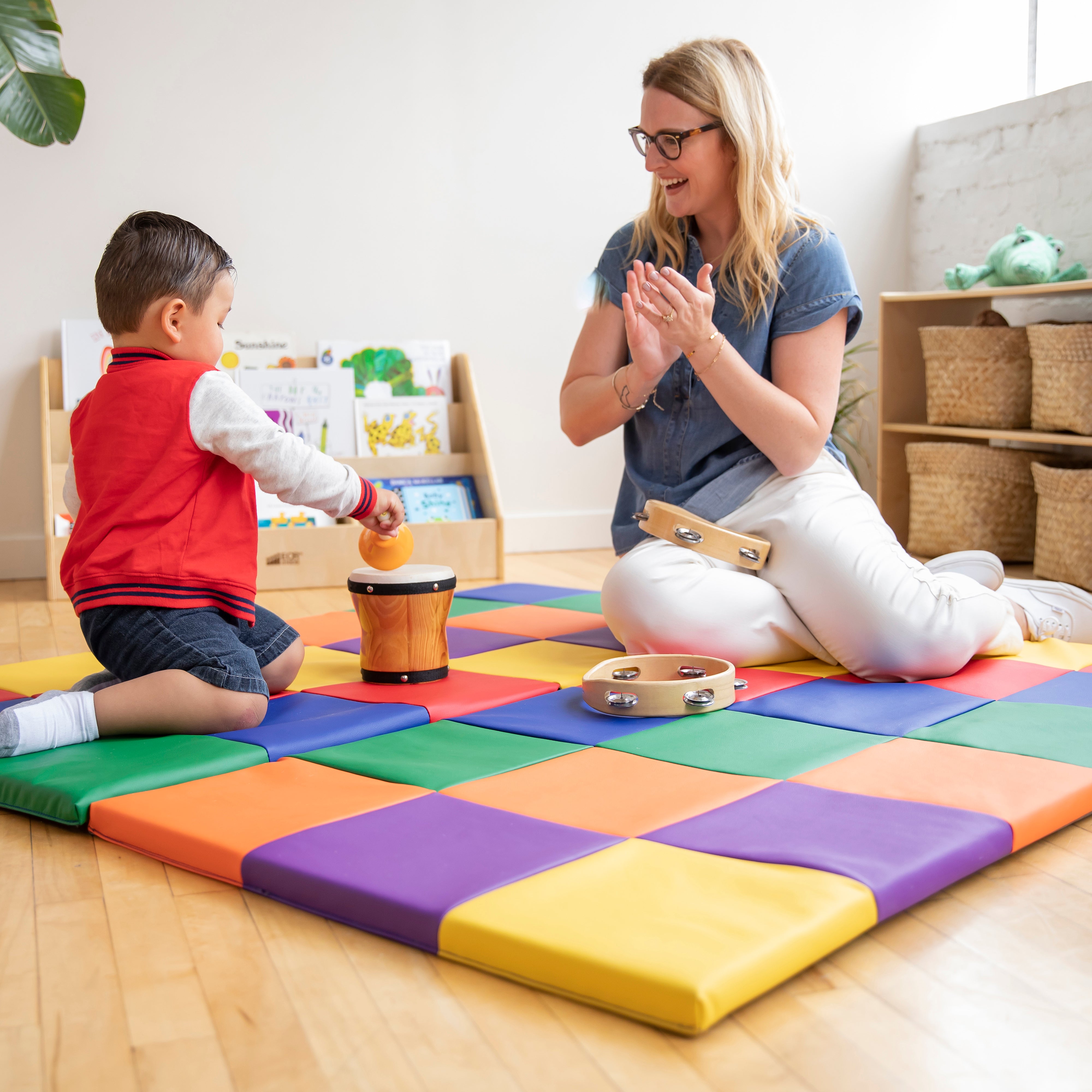 Patchwork Toddler Activity Mat and 12 Stacking Block Set, Tummy Time Foam Pad and Building Blocks