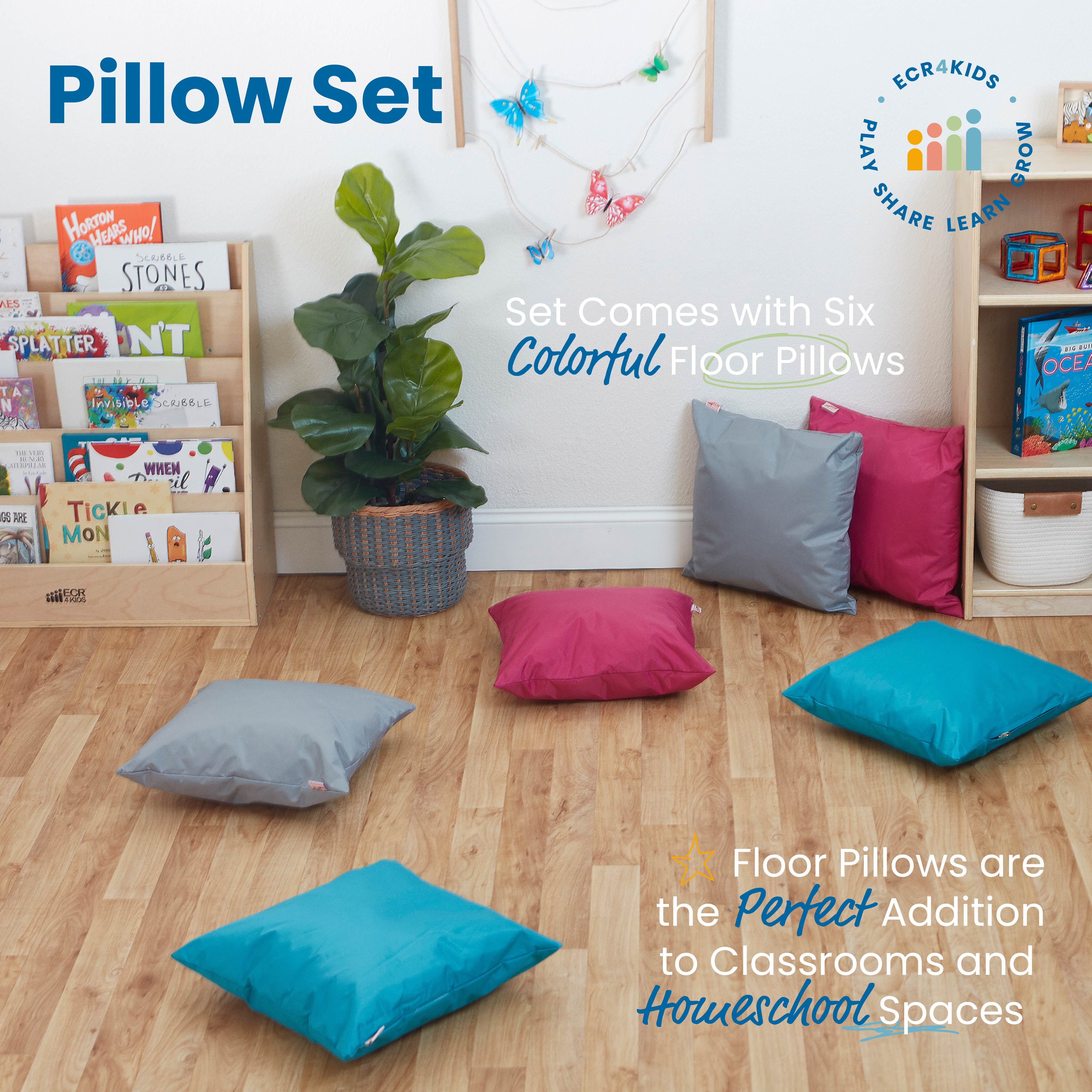 Floor Pillow Set, Colorful Flexible Seating Cushions, 17in x 17in, 6-Piece