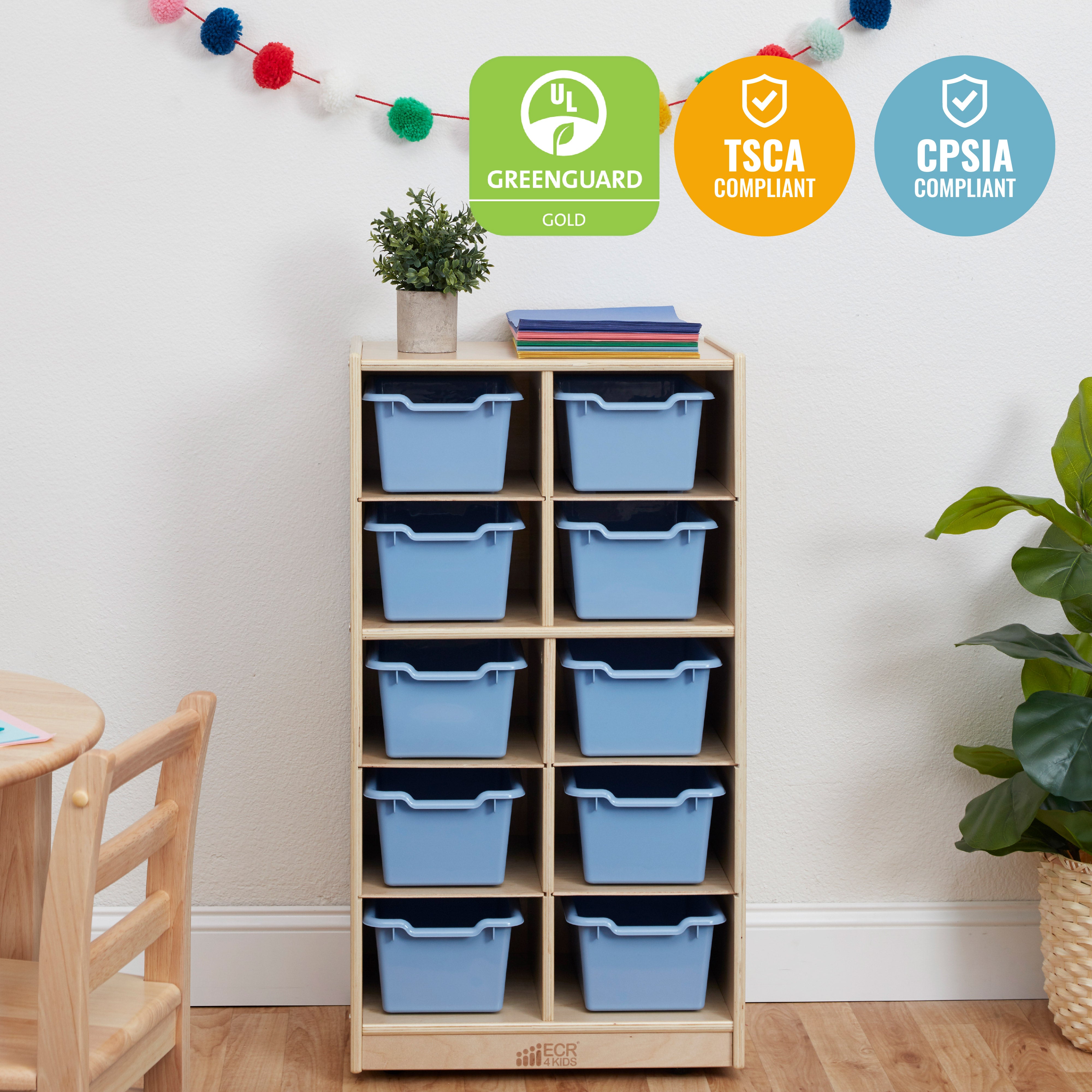 10 Cubby Mobile Tray Cabinet with 10 Scoop Front Storage Bins