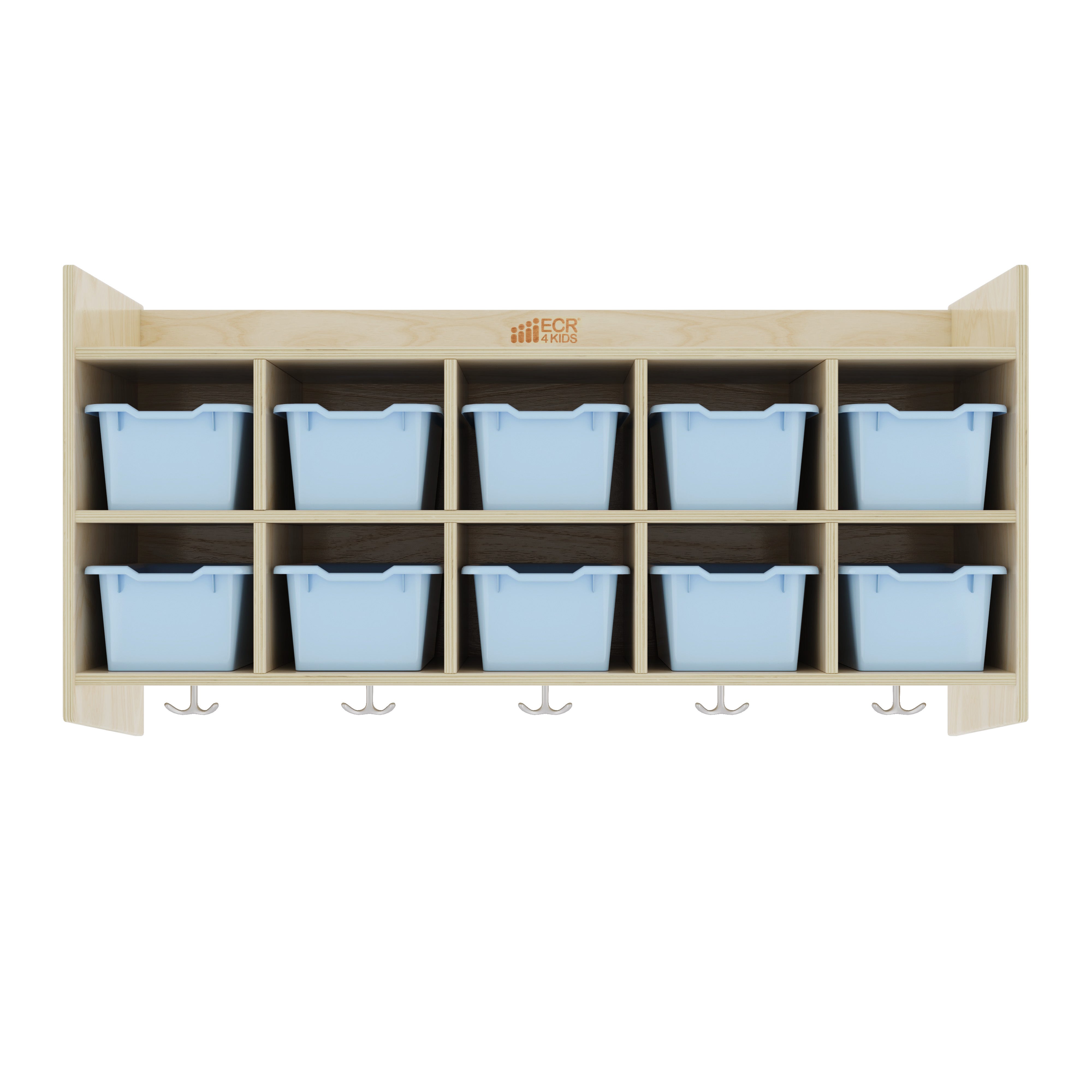 10-Section Hanging Coat Locker with Shelf and 10 Scoop Front Storage Bins, Natural, Classroom Furniture