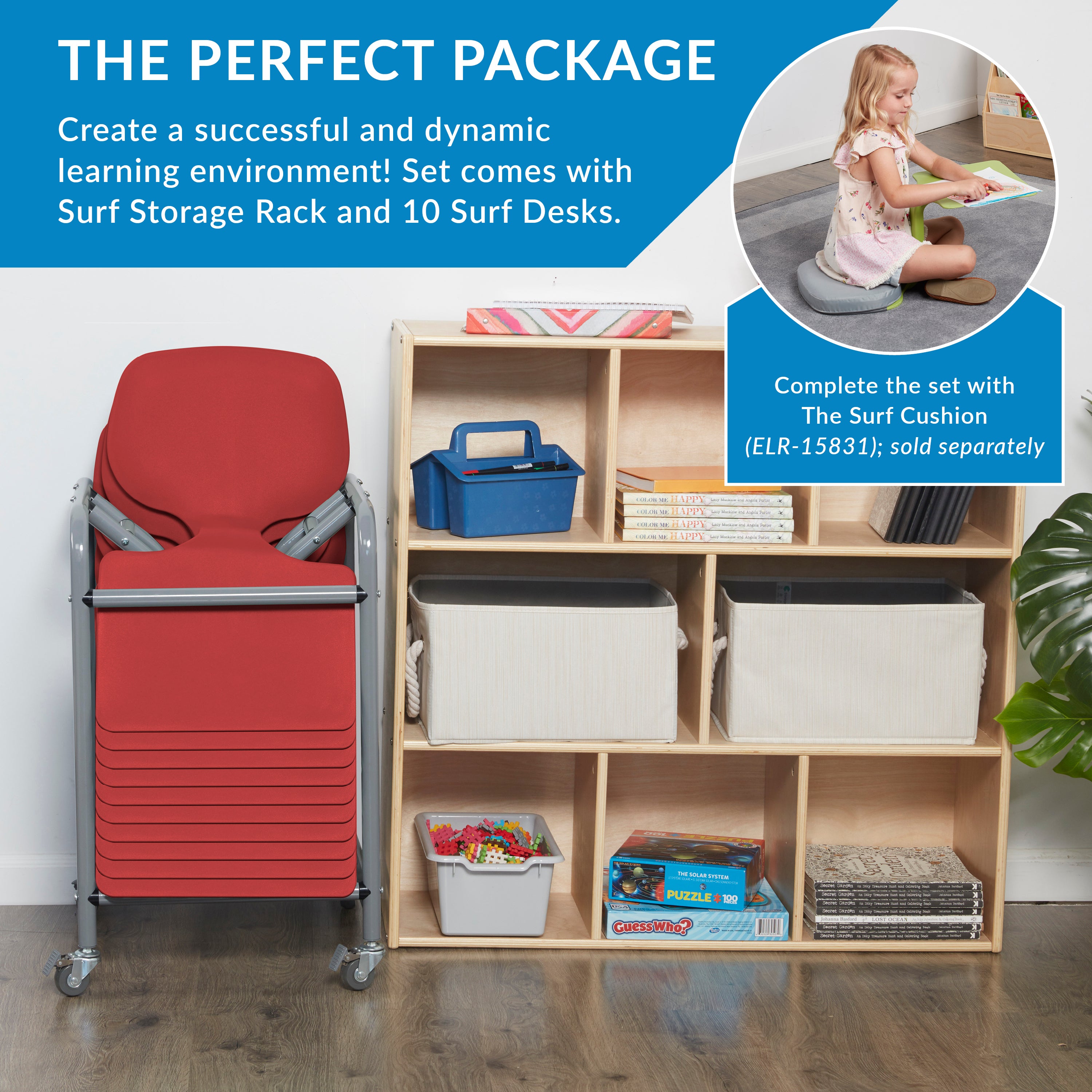 The Surf Mobile Storage Rack with 10 Surf Portable Desks Package, Classroom Flexible Seating