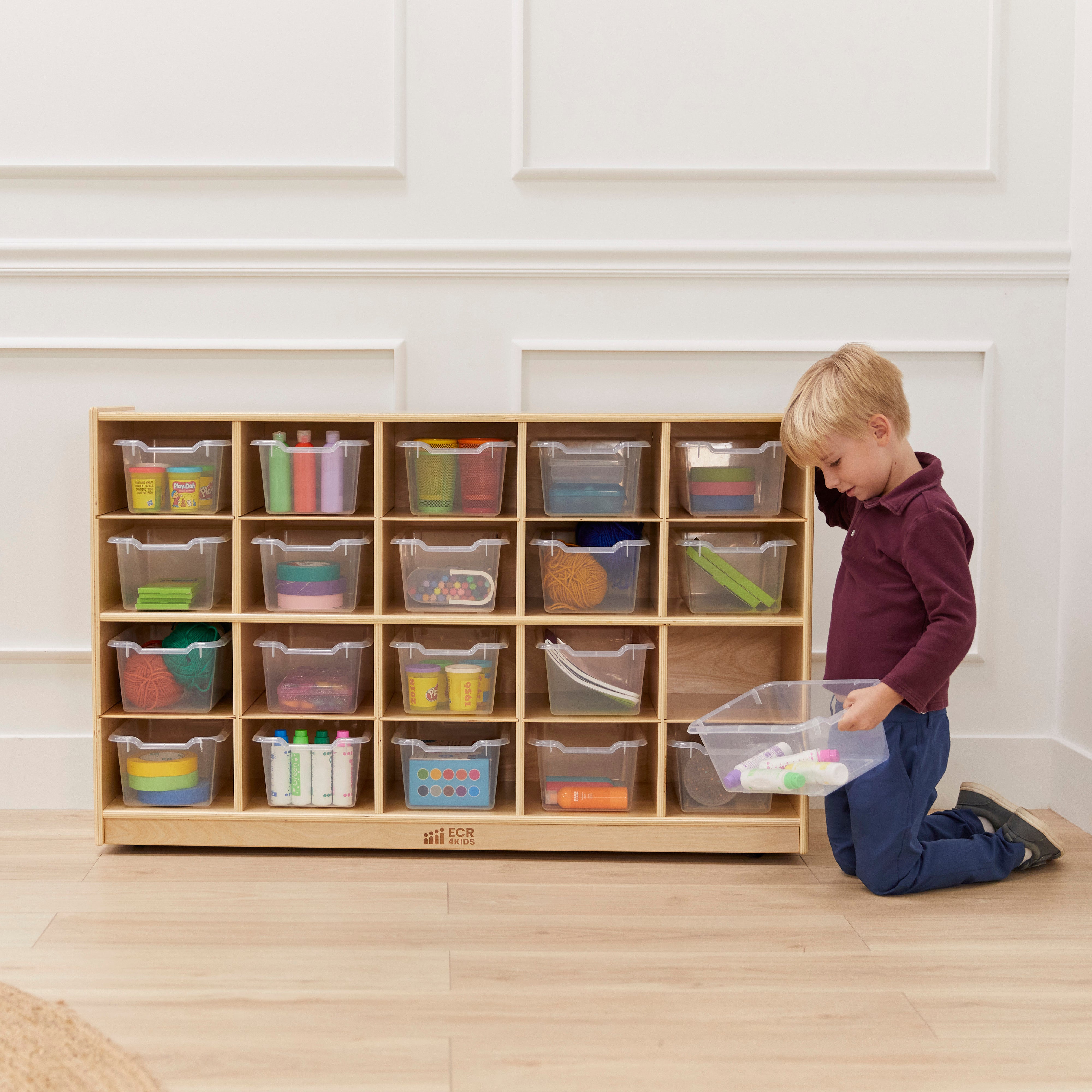 20 Cubby Mobile Tray Cabinet with 20 Scoop Front Storage Bins