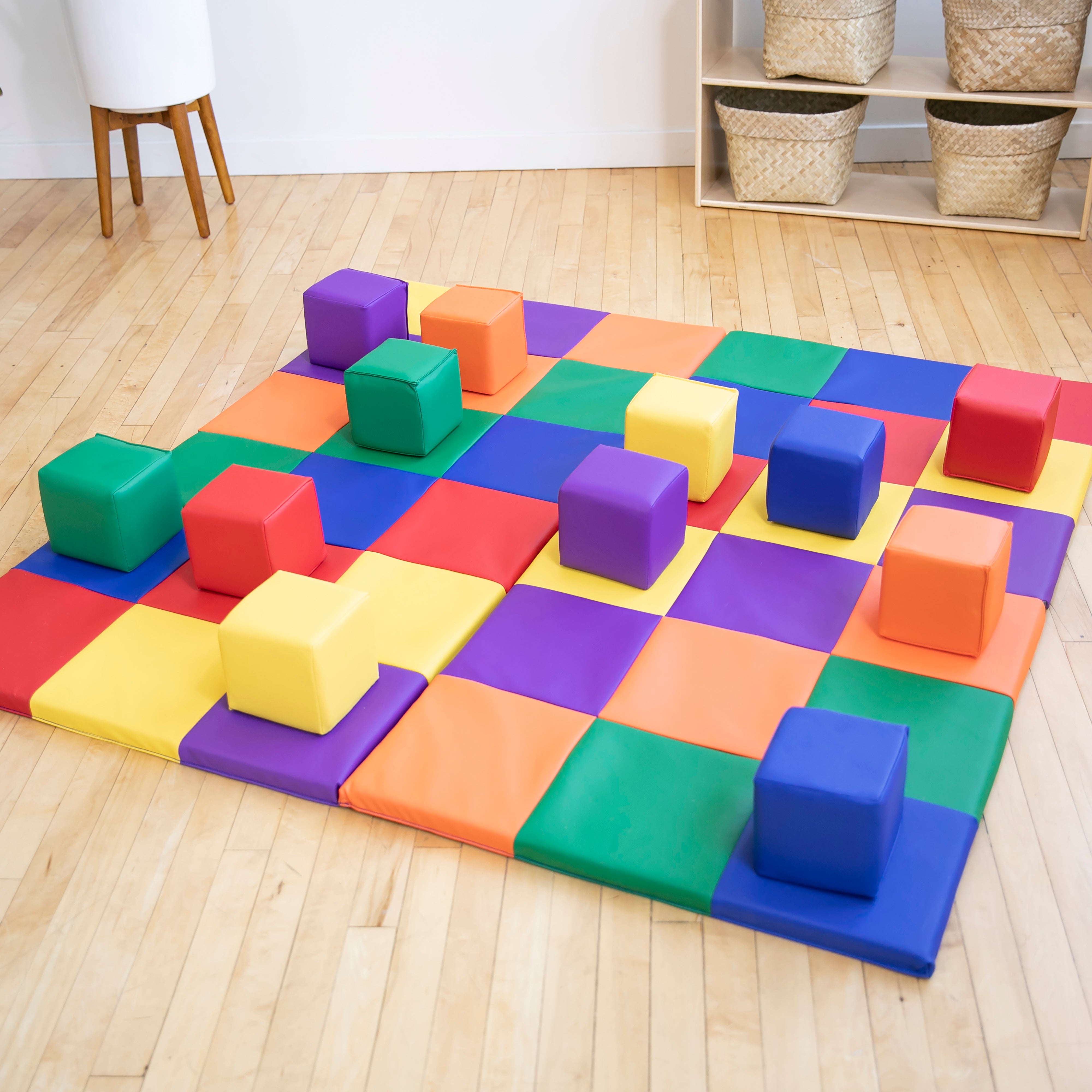 Patchwork Toddler Activity Mat and 12 Stacking Block Set, Tummy Time Foam Pad and Building Blocks