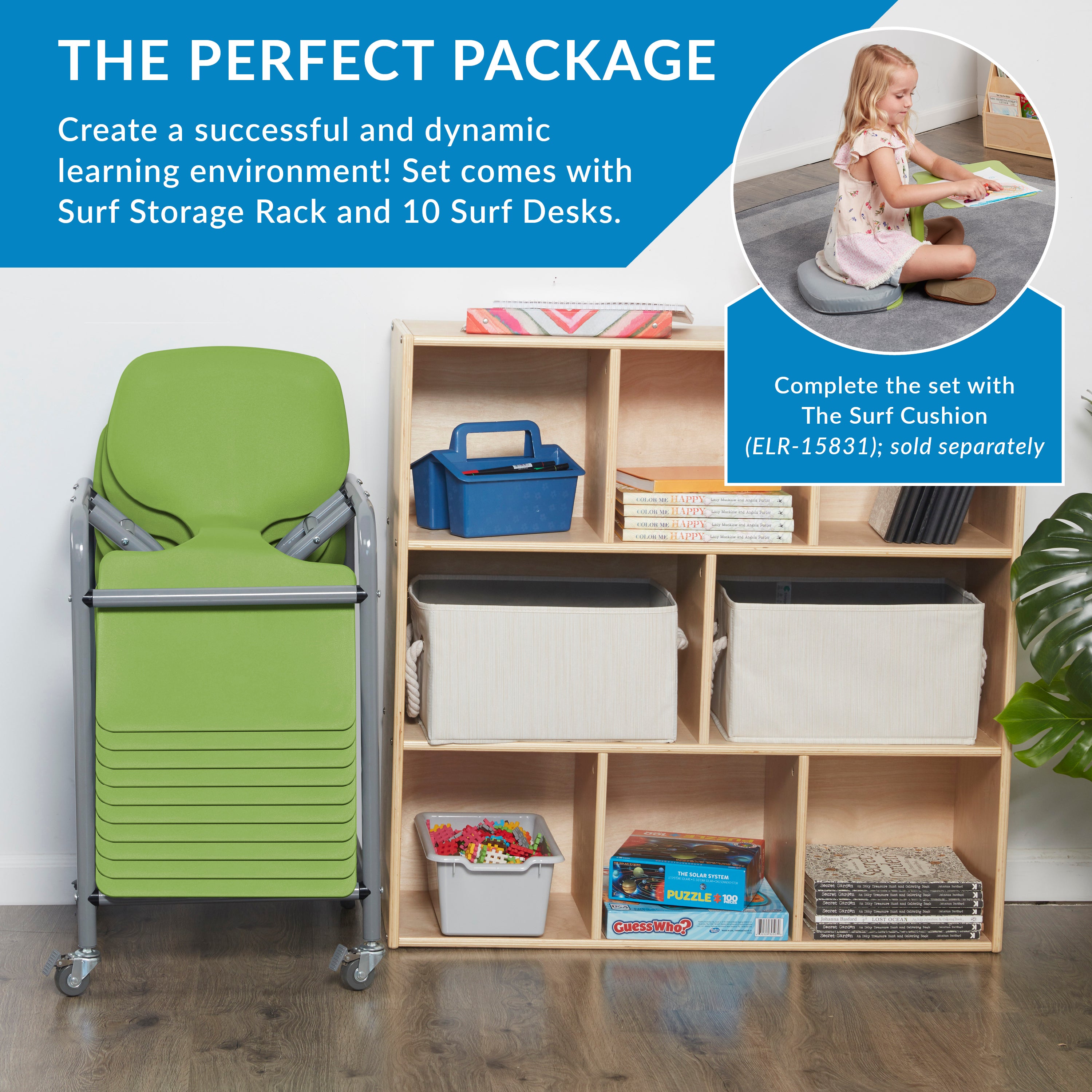 The Surf Mobile Storage Rack with 10 Surf Portable Desks Package, Classroom Flexible Seating